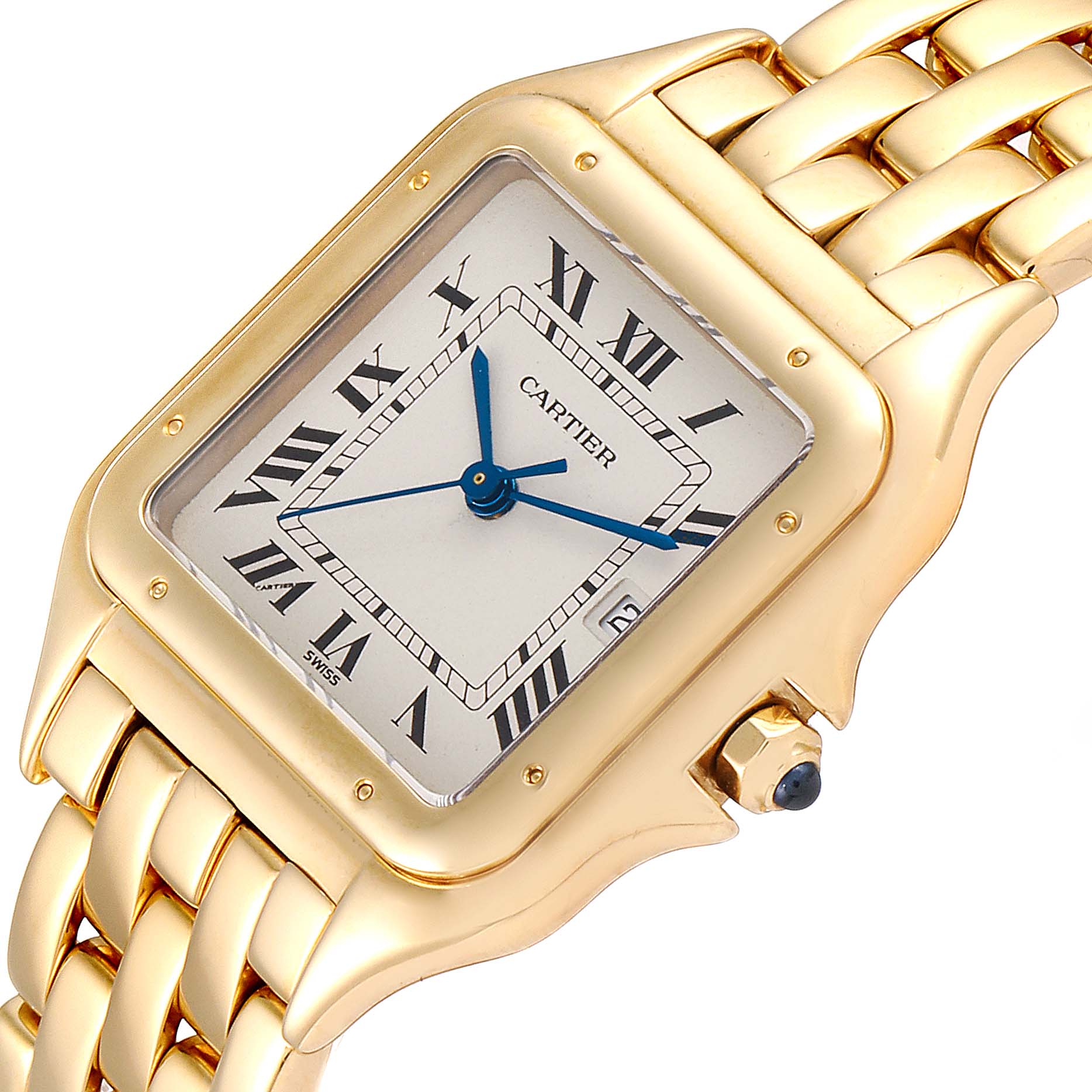 The image shows a close-up view of the dial, case, and bracelet of the Cartier Panthere W25014B9 Men's Yellow Gold Silver Dial W25014B9 Men's Yellow Gold Silver Dial watch.