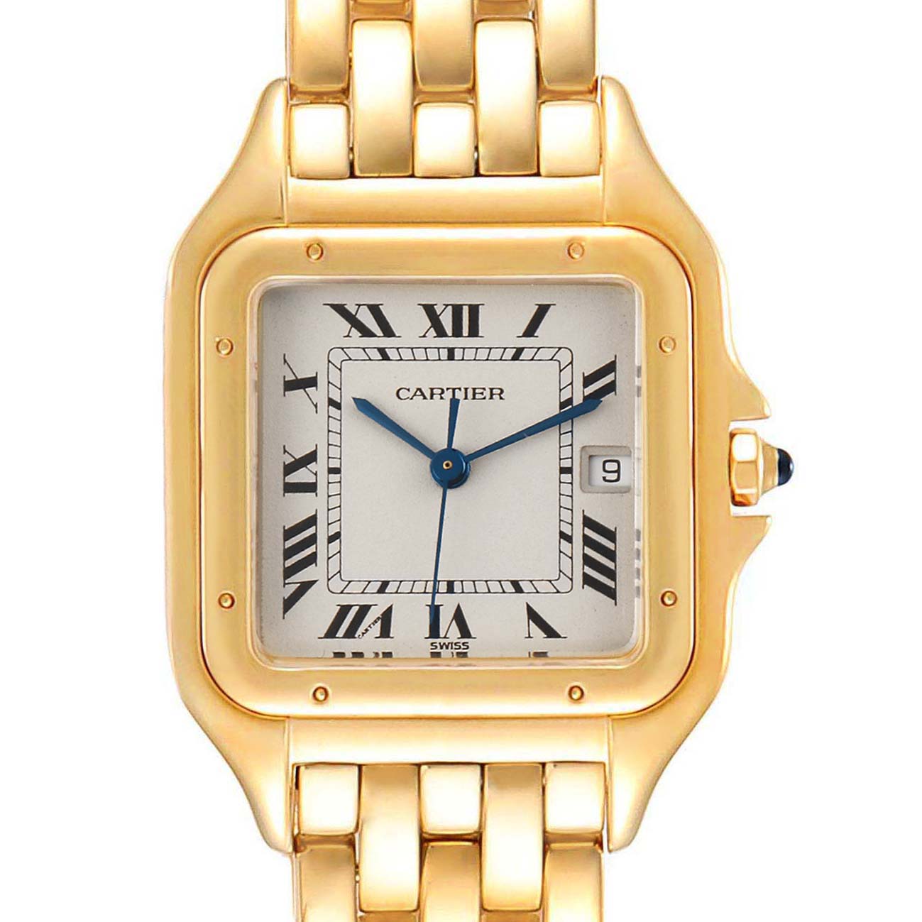 This image shows a frontal view of the Cartier Panthere W25014B9 Men's Yellow Gold Silver Dial W25014B9 Men's Yellow Gold Silver Dial watch, highlighting its face, bezel, and part of the gold bracelet.