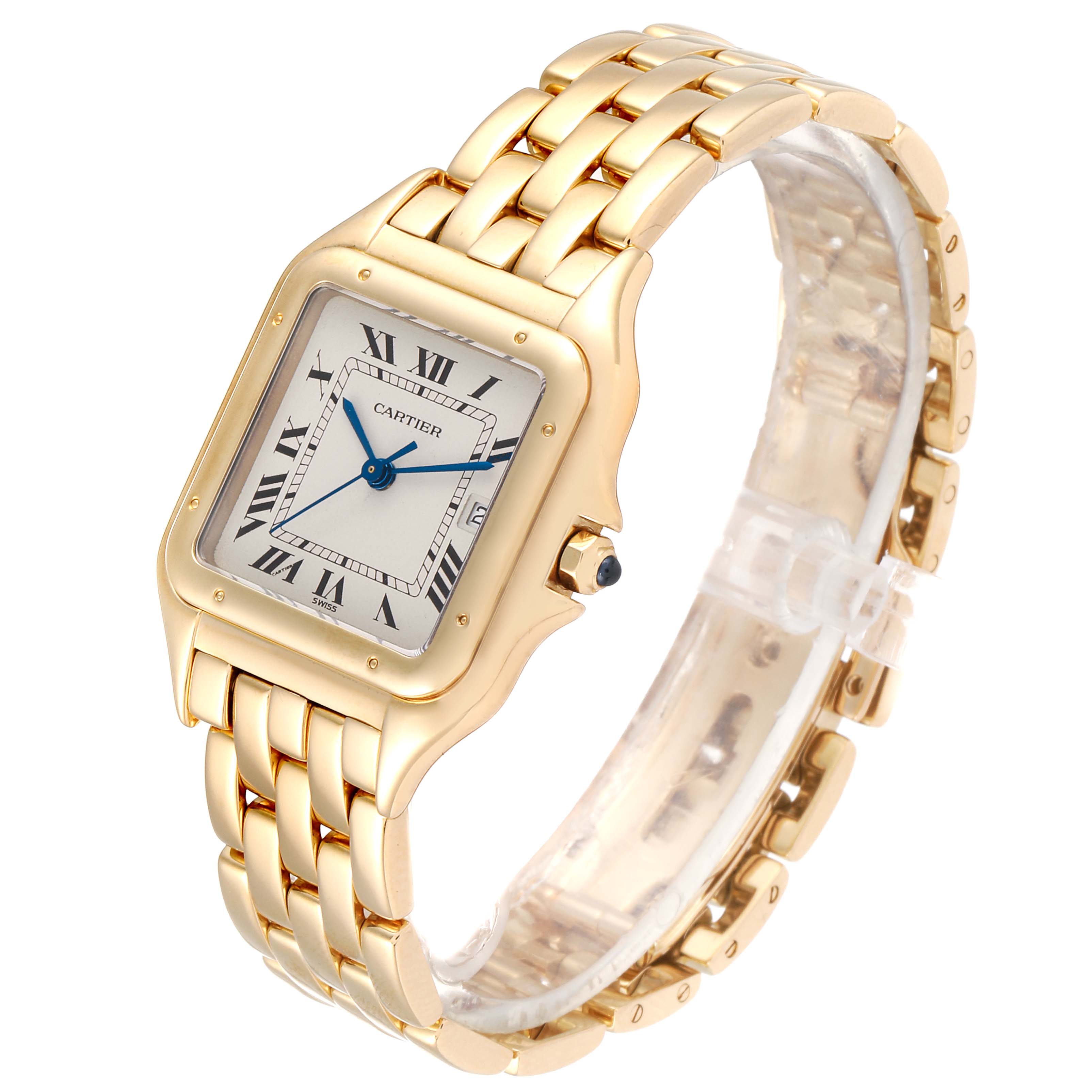 The image shows a slightly angled view of the Cartier Panthere W25014B9 Men's Yellow Gold Silver Dial W25014B9 Men's Yellow Gold Silver Dial watch, highlighting its gold bracelet and Roman numeral face.