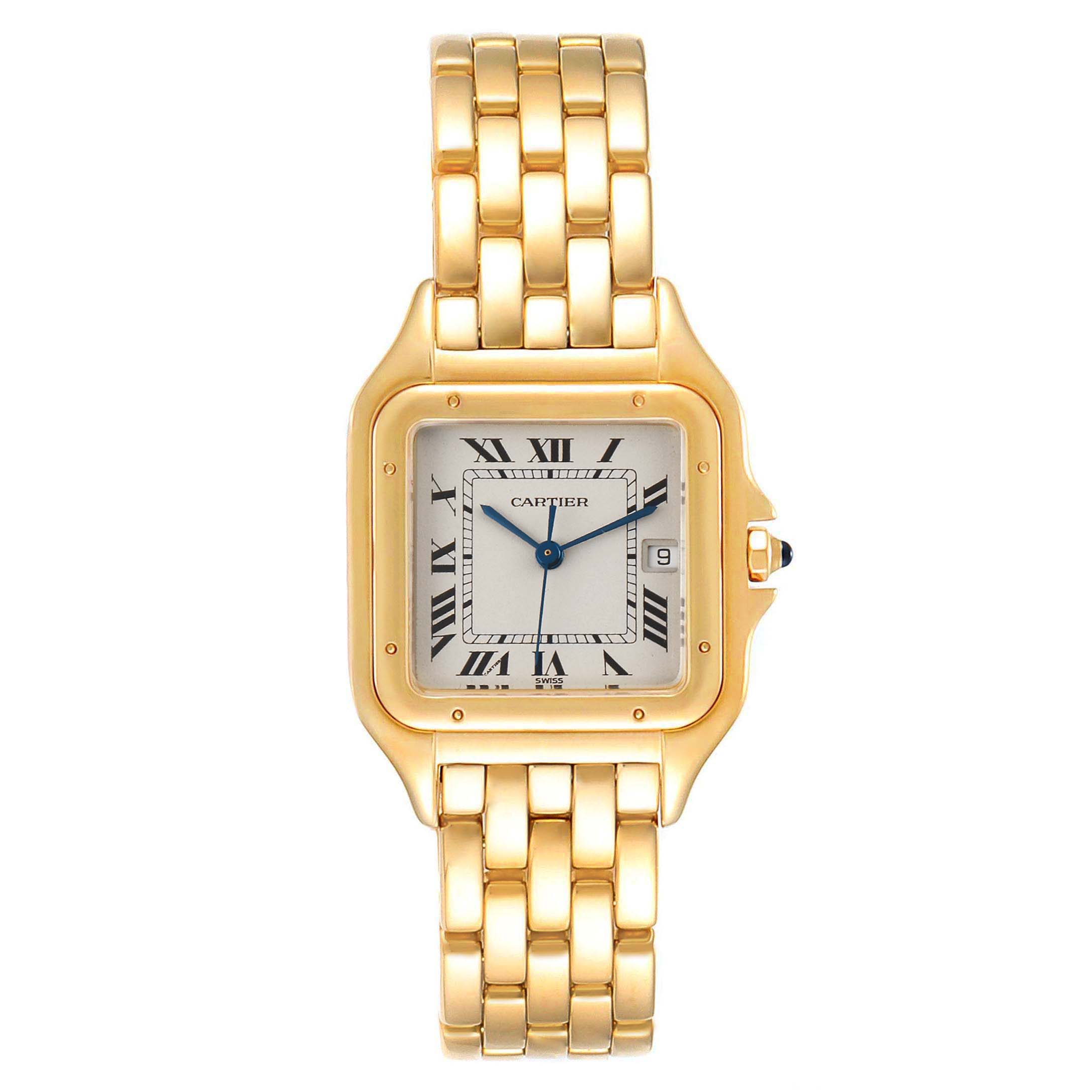 The image shows a front view of a Cartier Panthere W25014B9 Men's Yellow Gold Silver Dial W25014B9 Men's Yellow Gold Silver Dial model watch, highlighting its gold bracelet and square face with Roman numerals.
