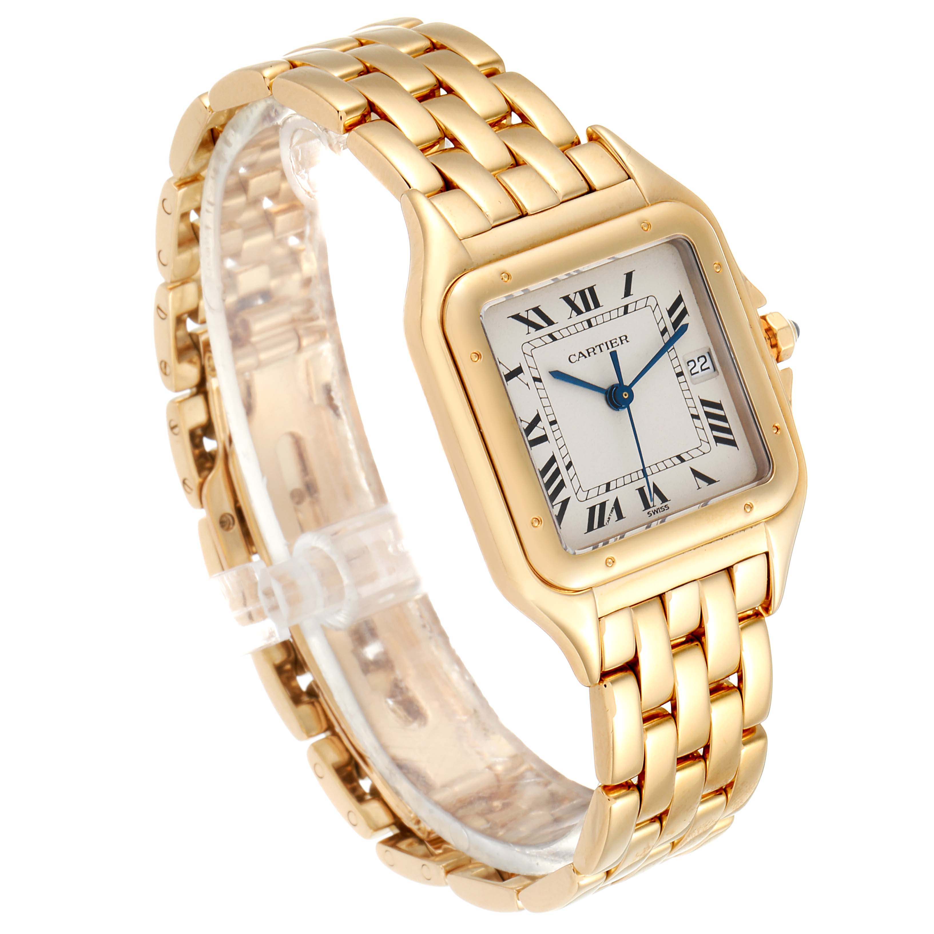 The image shows a Cartier Panthere W25014B9 Men's Yellow Gold Silver Dial W25014B9 Men's Yellow Gold Silver Dial watch from an angled side view, displaying the gold bracelet and rectangular dial with Roman numerals.