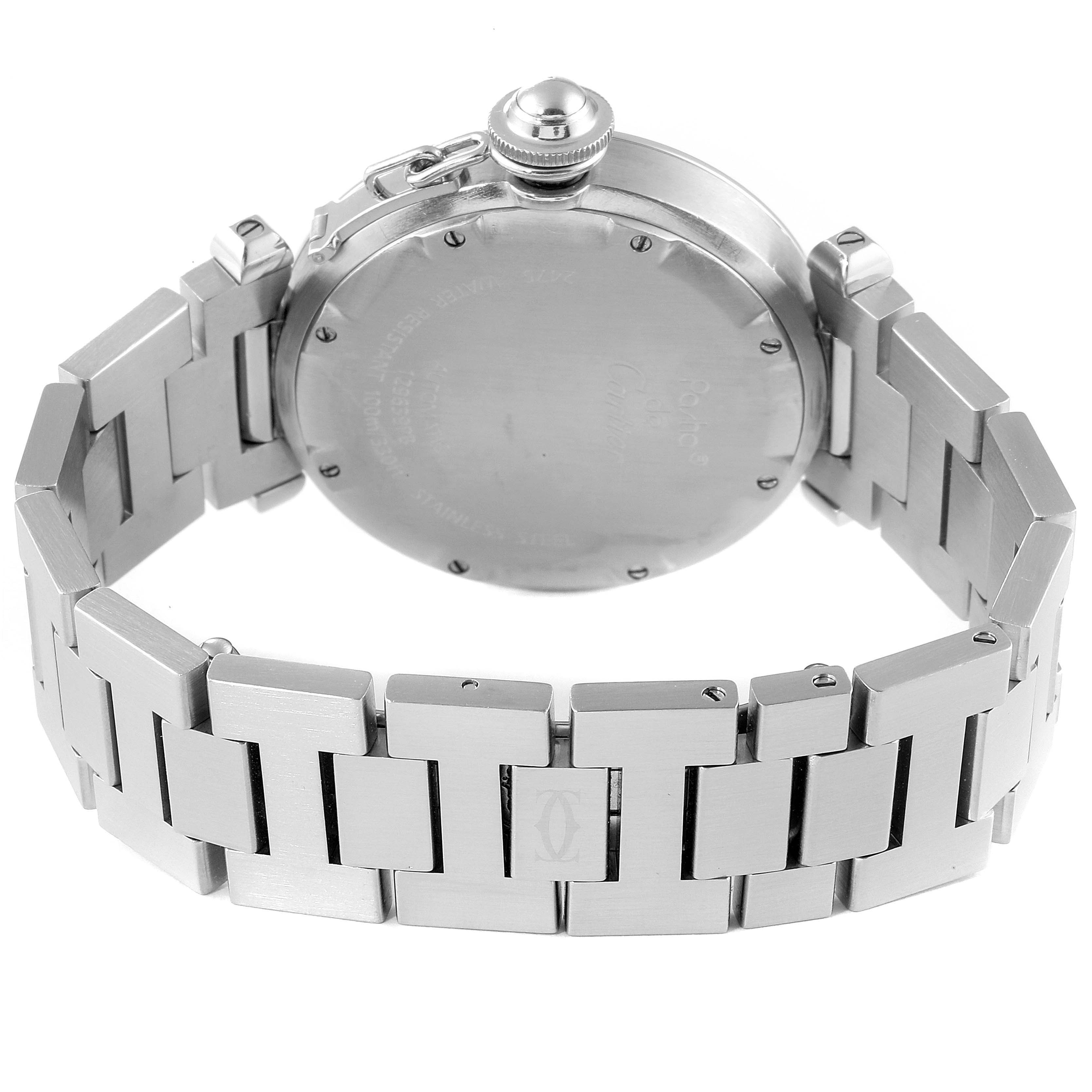 This is the back view of a Cartier Pasha W31058M7 Men's Stainless Steel Pink Dial W31058M7 Men's Stainless Steel Pink Dial model watch, showing its stainless steel case and bracelet.