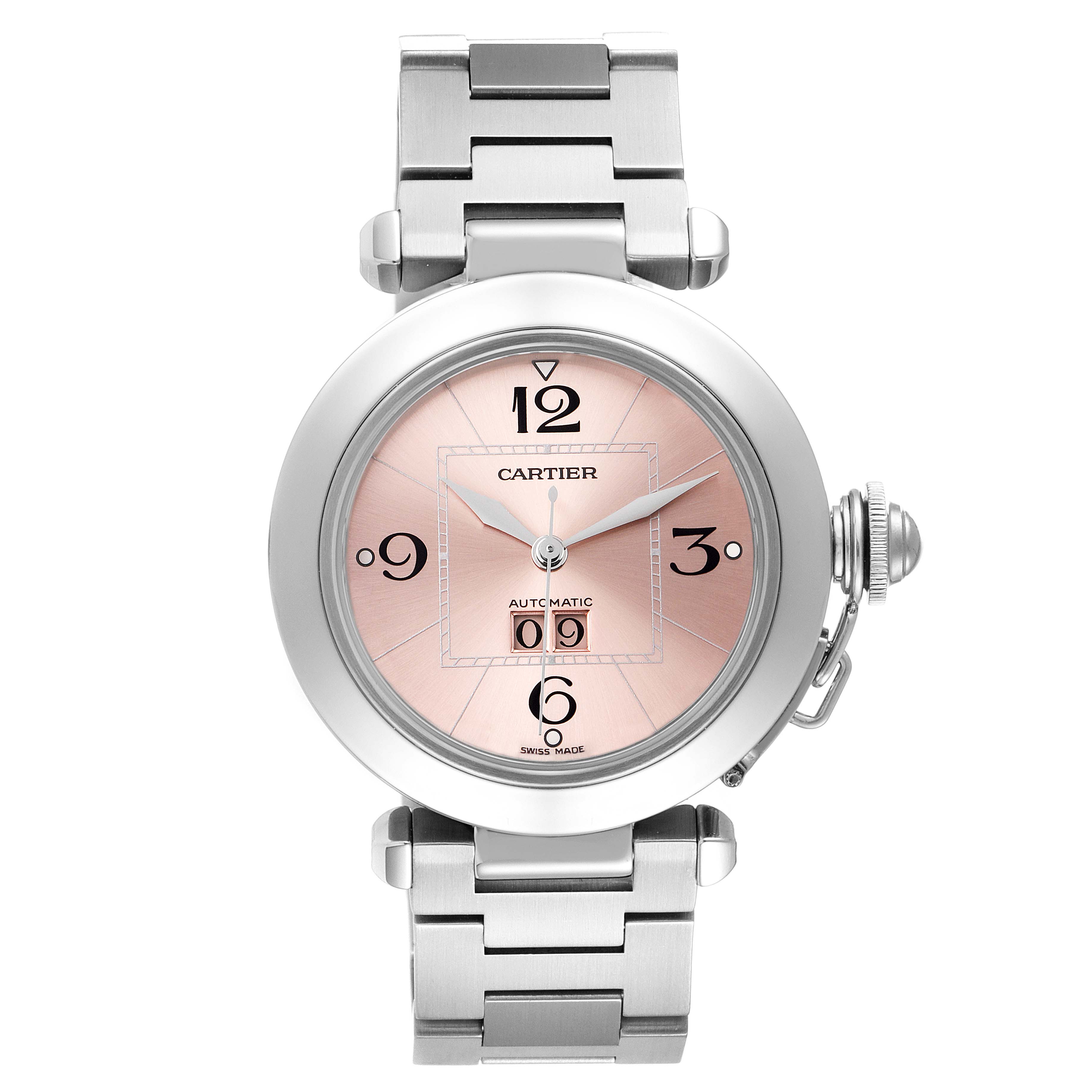This image shows a front view of a Cartier Pasha W31058M7 Men's Stainless Steel Pink Dial W31058M7 Men's Stainless Steel Pink Dial watch with a pink dial and a metal bracelet.