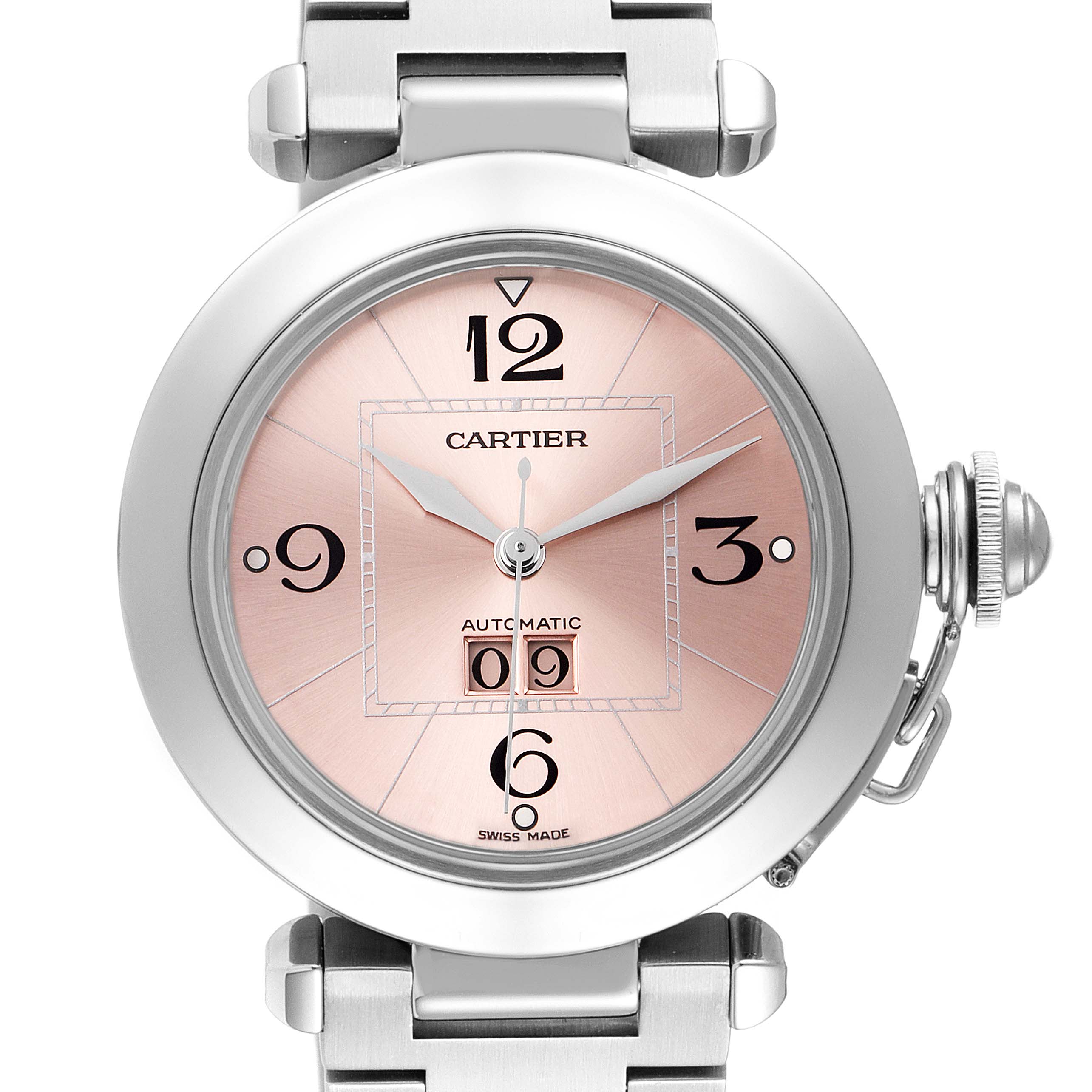 This image shows a front-facing view of the Cartier Pasha W31058M7 Men's Stainless Steel Pink Dial W31058M7 Men's Stainless Steel Pink Dial watch, highlighting the dial and partial bracelet.