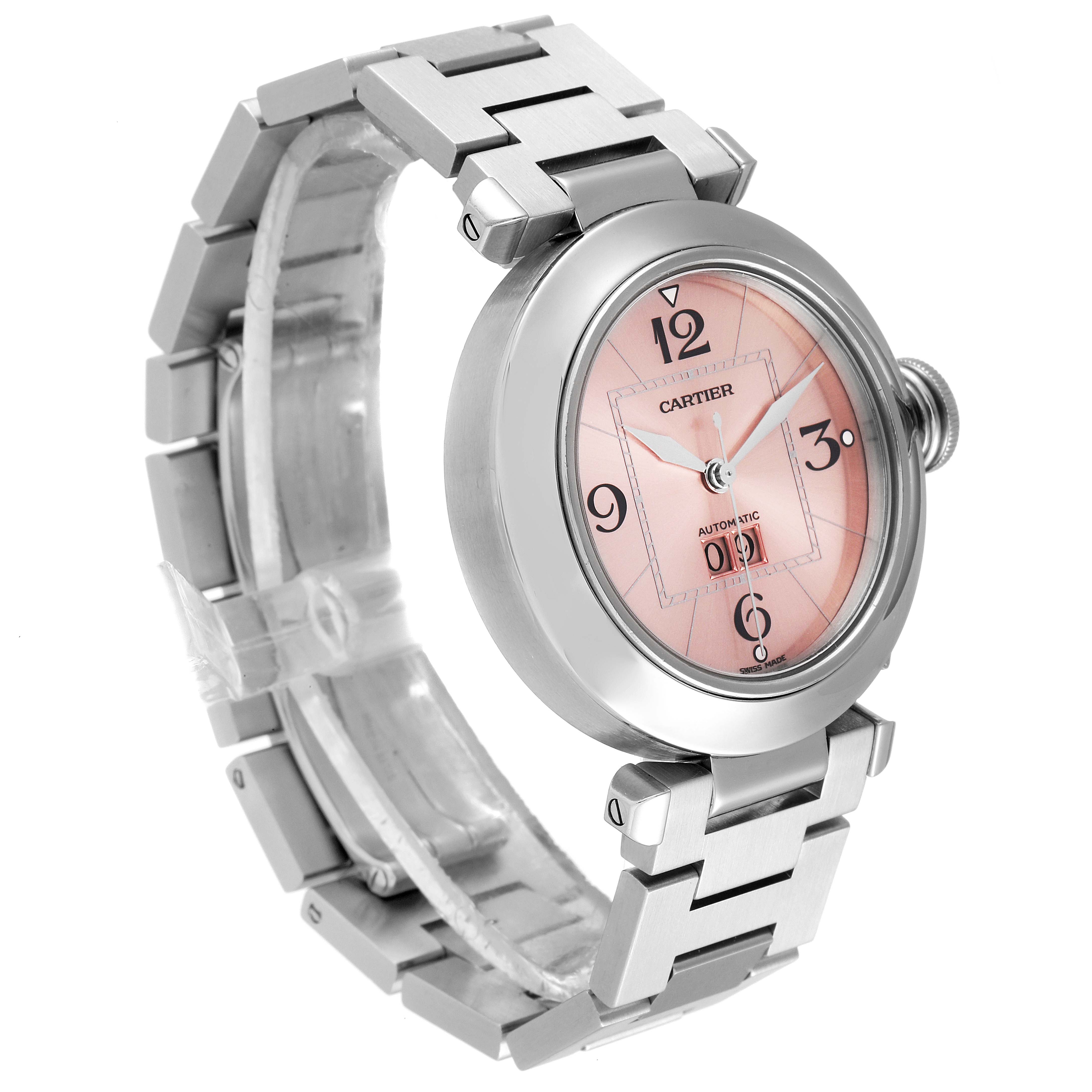 This Cartier Pasha W31058M7 Men's Stainless Steel Pink Dial W31058M7 Men's Stainless Steel Pink Dial model watch is shown from an angle highlighting the pink dial, case, and stainless steel bracelet.