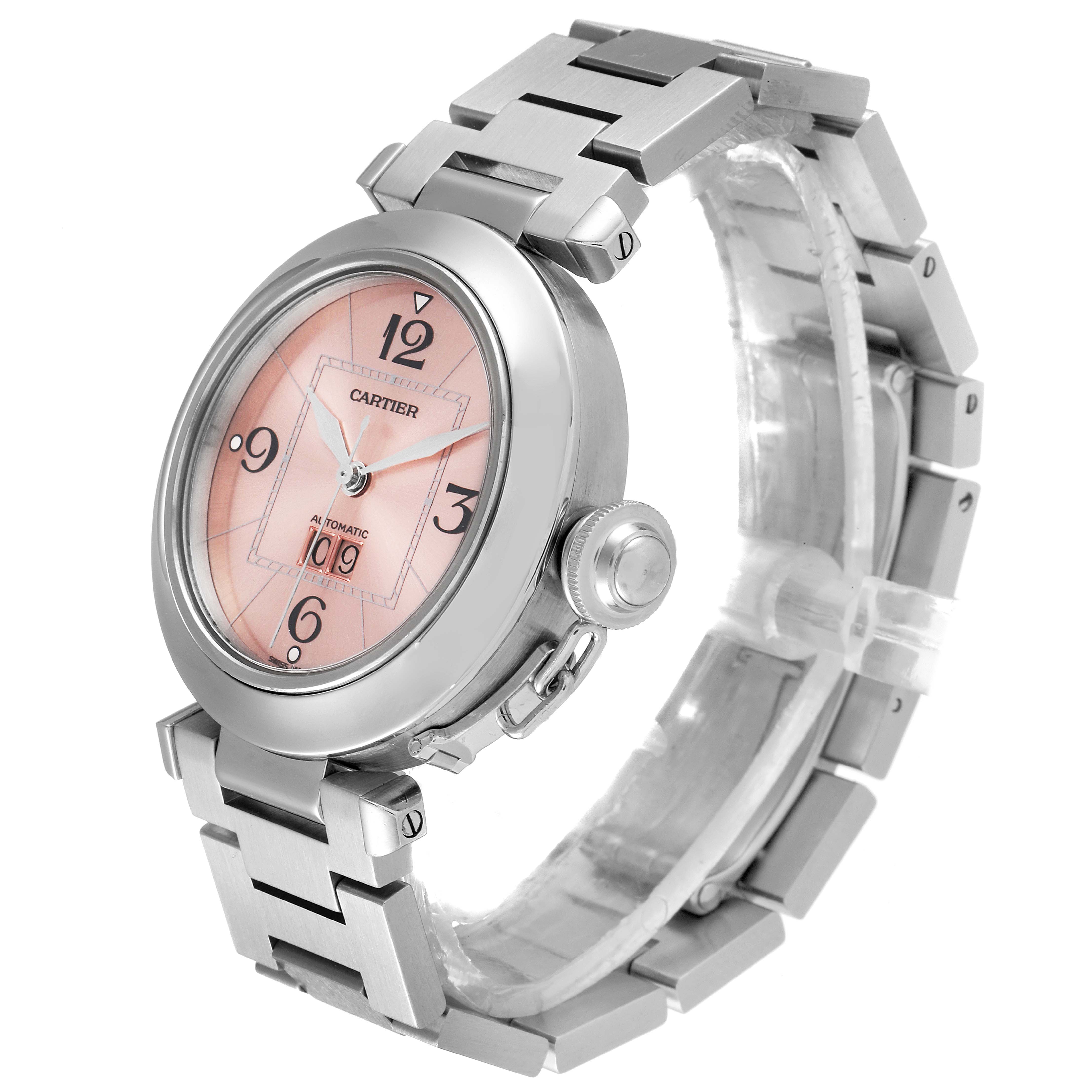 The image shows a Cartier Pasha W31058M7 Men's Stainless Steel Pink Dial W31058M7 Men's Stainless Steel Pink Dial watch at an angled side view, highlighting the face, crown, and bracelet.