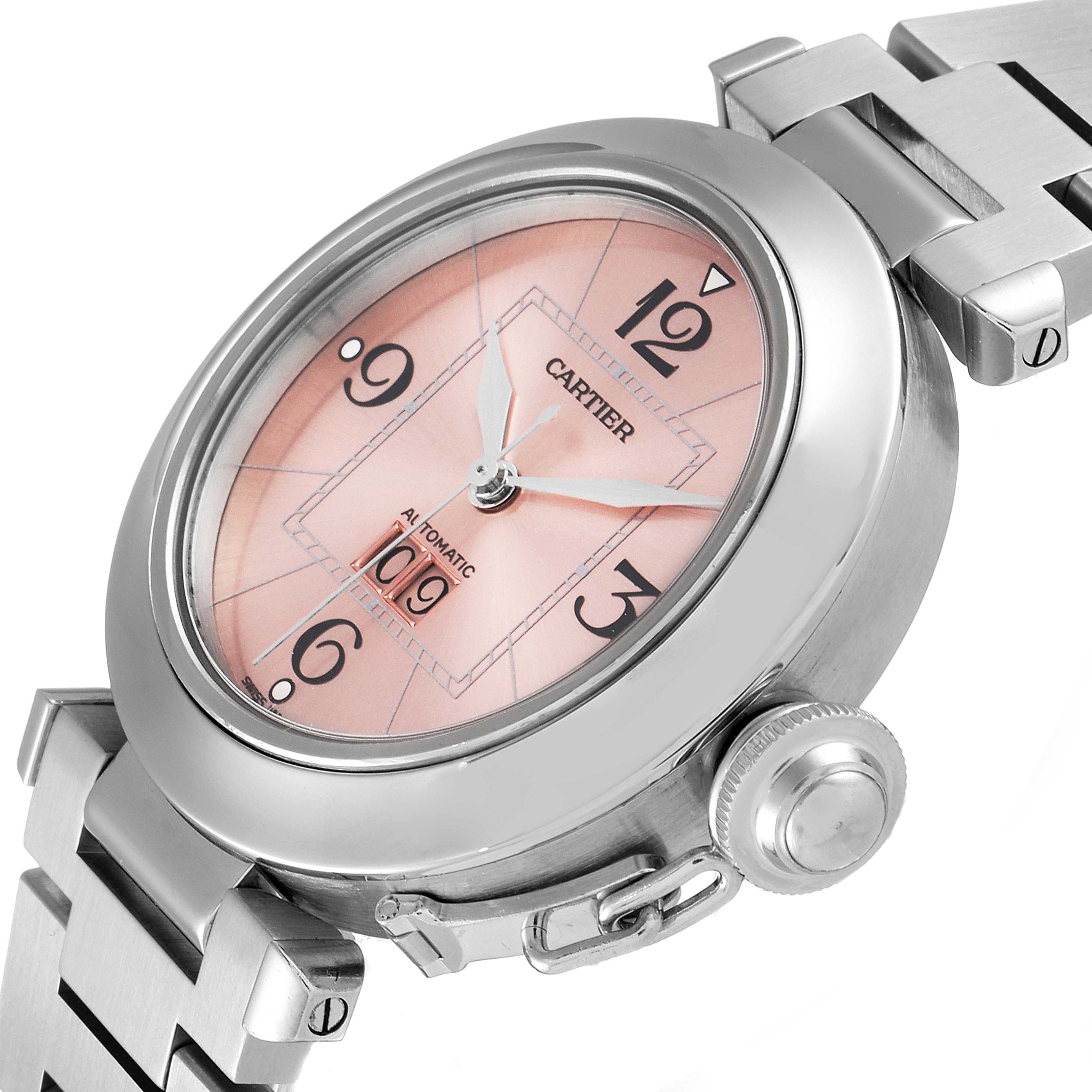 The Cartier Pasha W31058M7 Men's Stainless Steel Pink Dial W31058M7 Men's Stainless Steel Pink Dial watch is shown at an angle highlighting the dial, crown, and part of the metal bracelet.