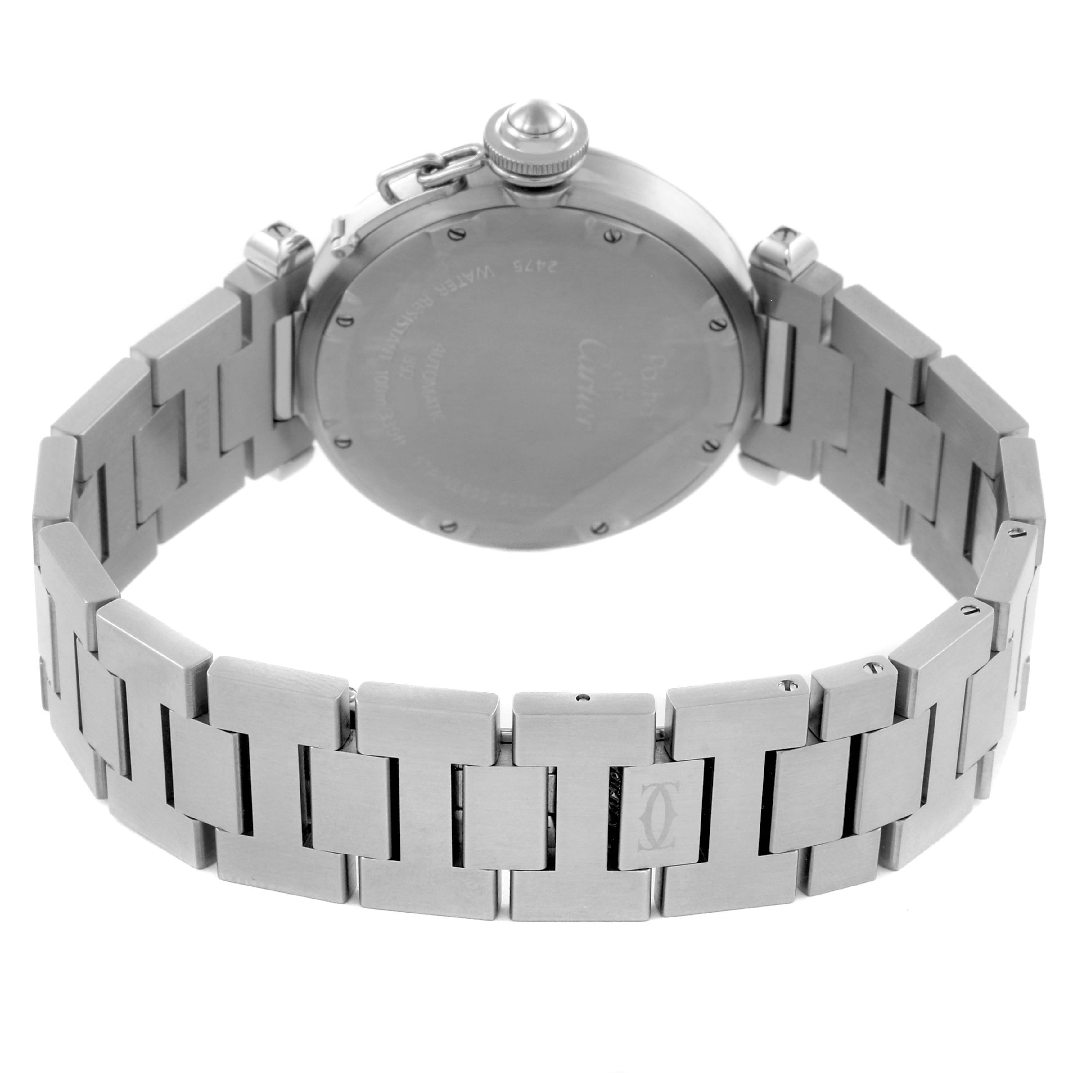 The image shows the back and bracelet of a Cartier Pasha W31047M7 Men's Stainless Steel Blue Dial W31047M7 Men's Stainless Steel Blue Dial watch, highlighting the clasp and case back.