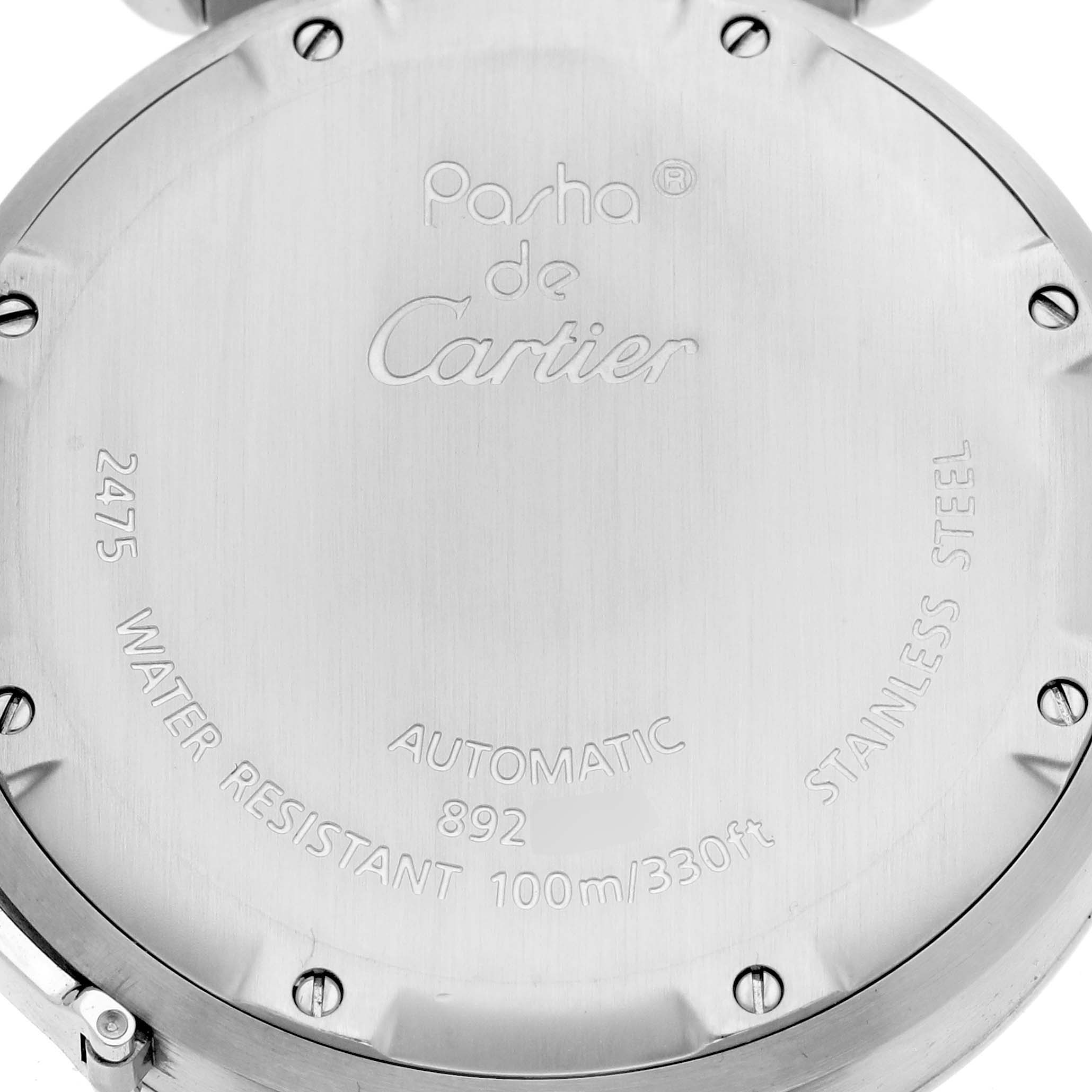 The image shows the back case of the Cartier Pasha W31047M7 Men's Stainless Steel Blue Dial W31047M7 Men's Stainless Steel Blue Dial watch, highlighting engravings and screw details.