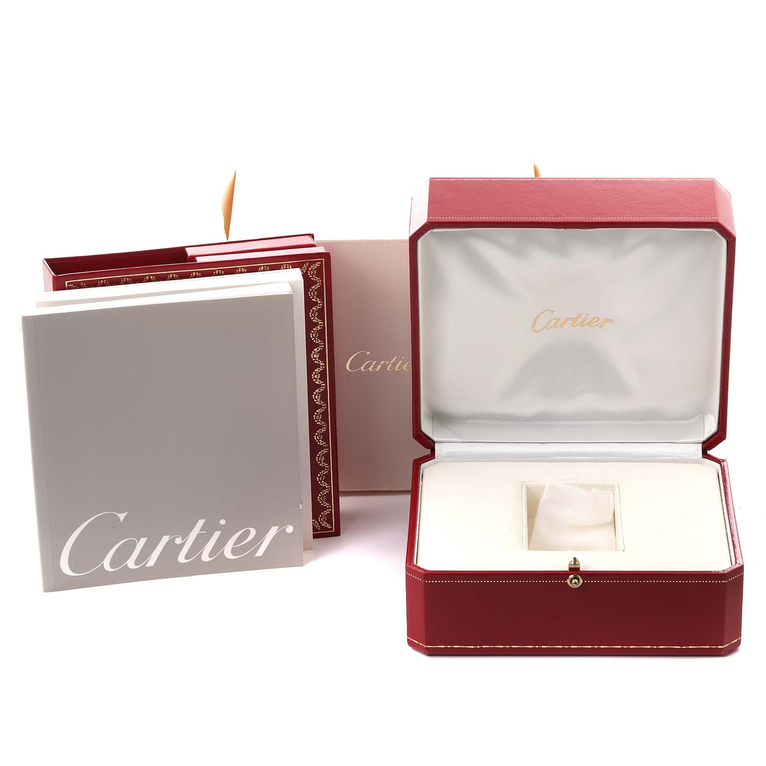 The image shows a Cartier Pasha W31047M7 Men's Stainless Steel Blue Dial W31047M7 Men's Stainless Steel Blue Dial watch box, certificate, and manual from a front angle.