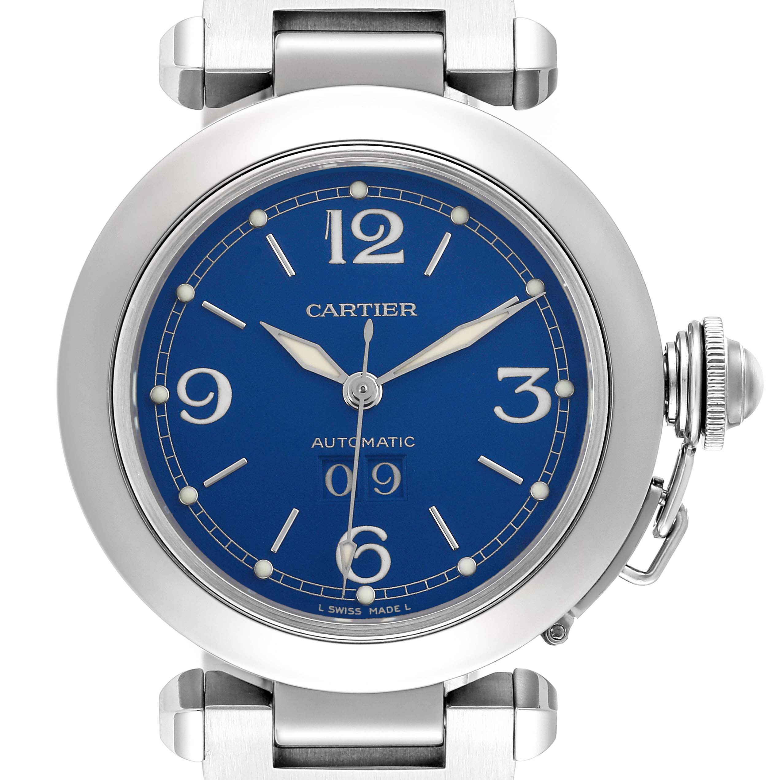 The Cartier Pasha W31047M7 Men's Stainless Steel Blue Dial W31047M7 Men's Stainless Steel Blue Dial watch is shown from a front angle, highlighting the blue dial and crown detail.