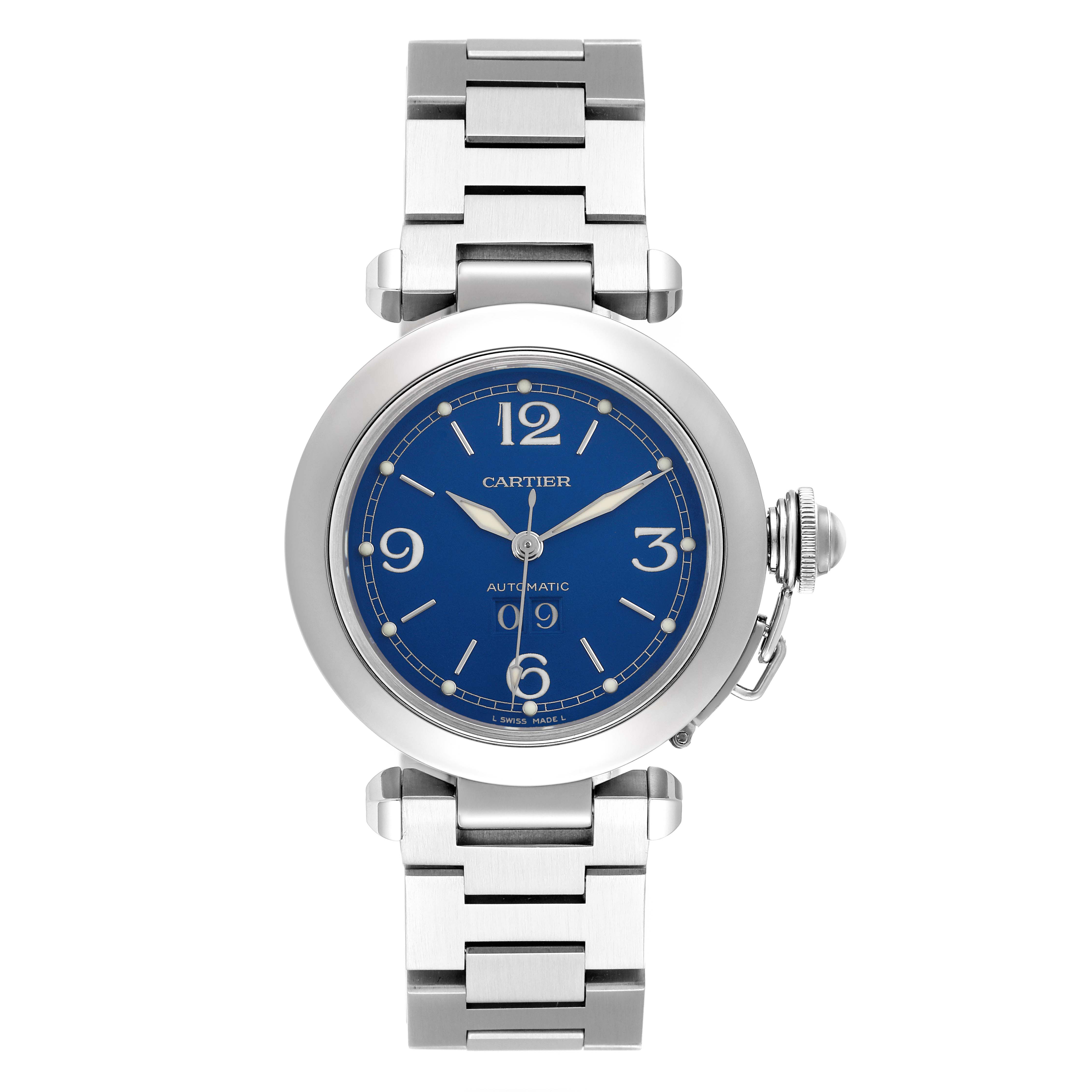 The Cartier Pasha W31047M7 Men's Stainless Steel Blue Dial W31047M7 Men's Stainless Steel Blue Dial watch is shown from the front, displaying the blue dial and metal bracelet.