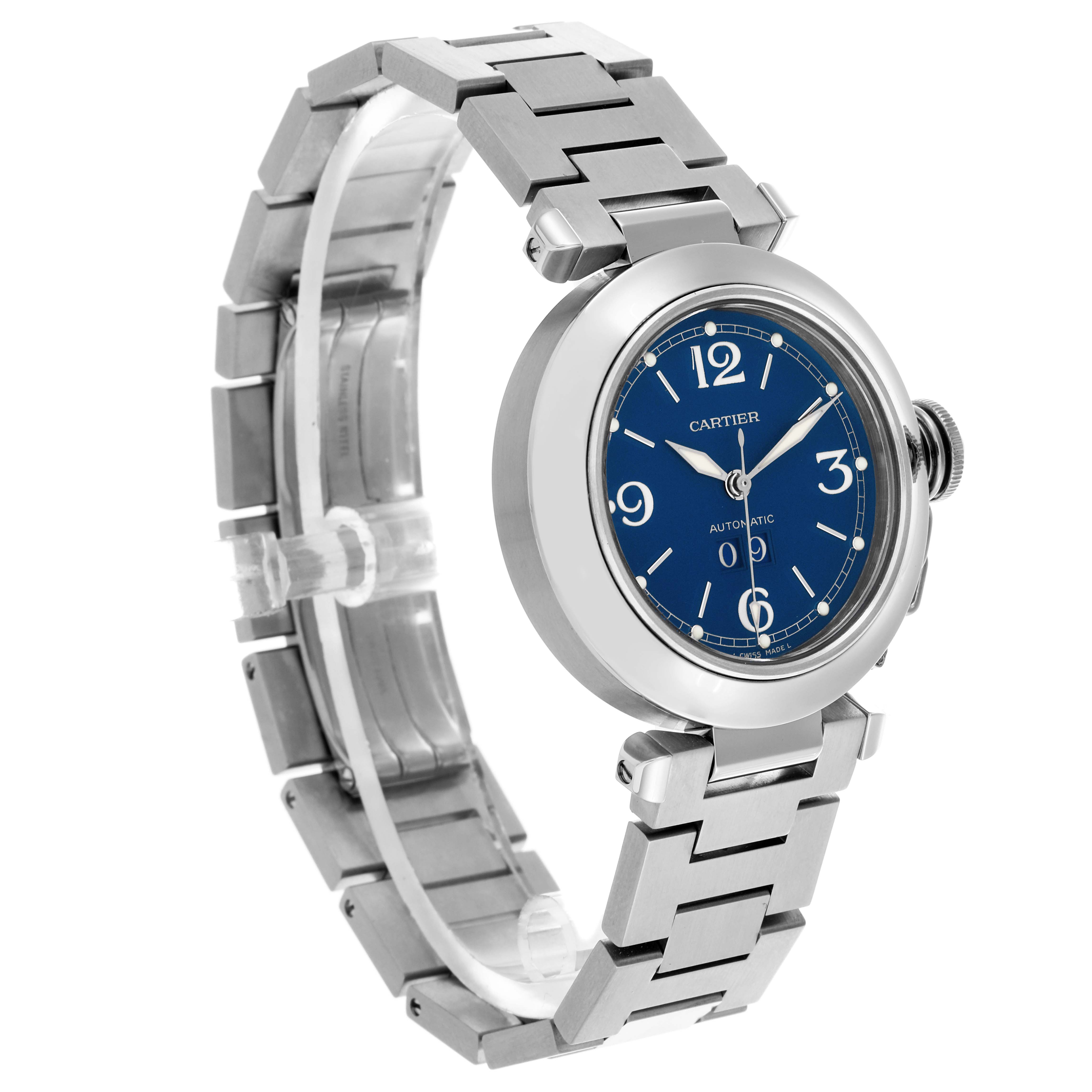The Cartier Pasha W31047M7 Men's Stainless Steel Blue Dial W31047M7 Men's Stainless Steel Blue Dial watch is shown at a three-quarter angle, highlighting the blue dial and stainless steel bracelet.