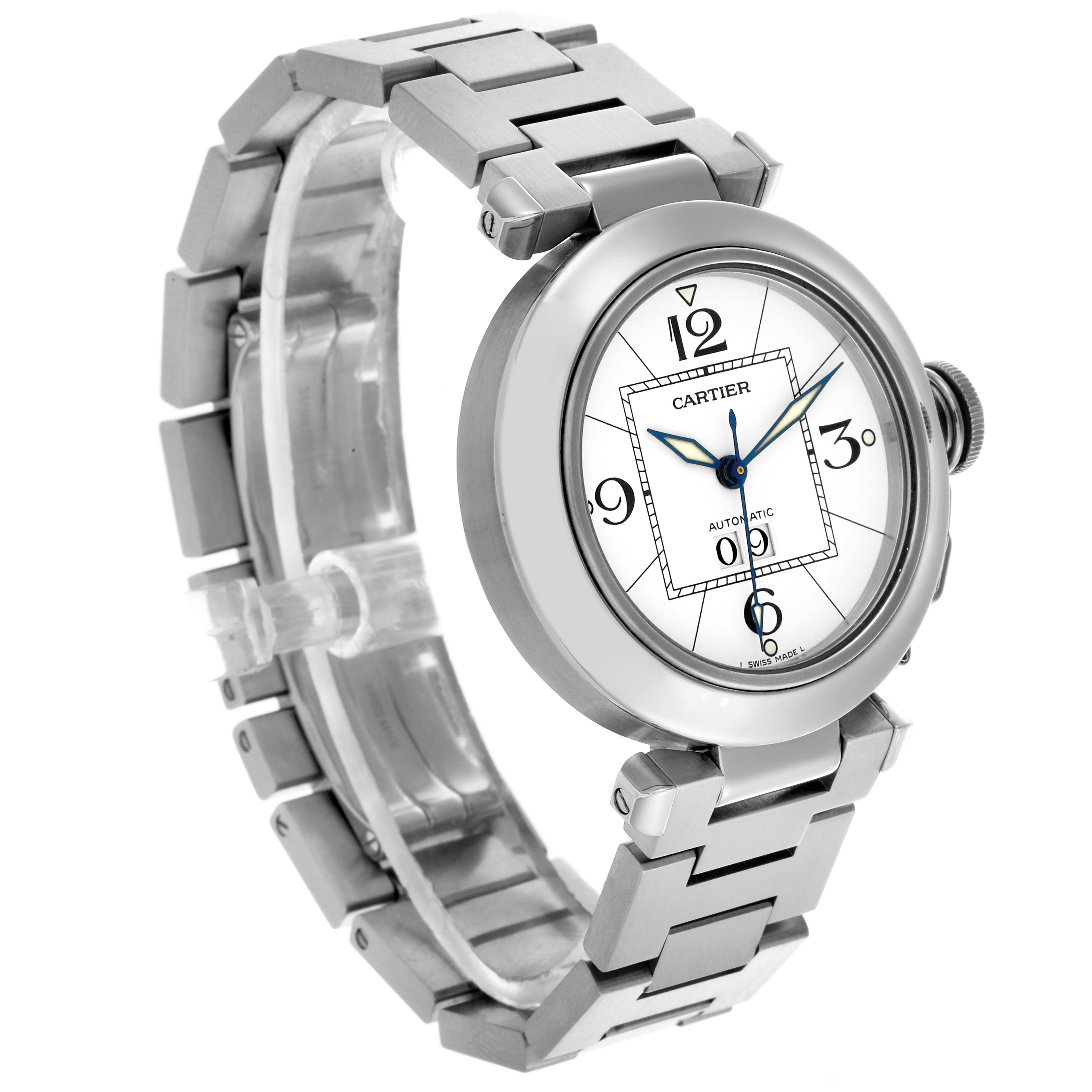 The Cartier Pasha W31055M7 Men's Stainless Steel White Dial W31055M7 Men's Stainless Steel White Dial watch is shown at a three-quarter angle, displaying the face, case, and metal bracelet.