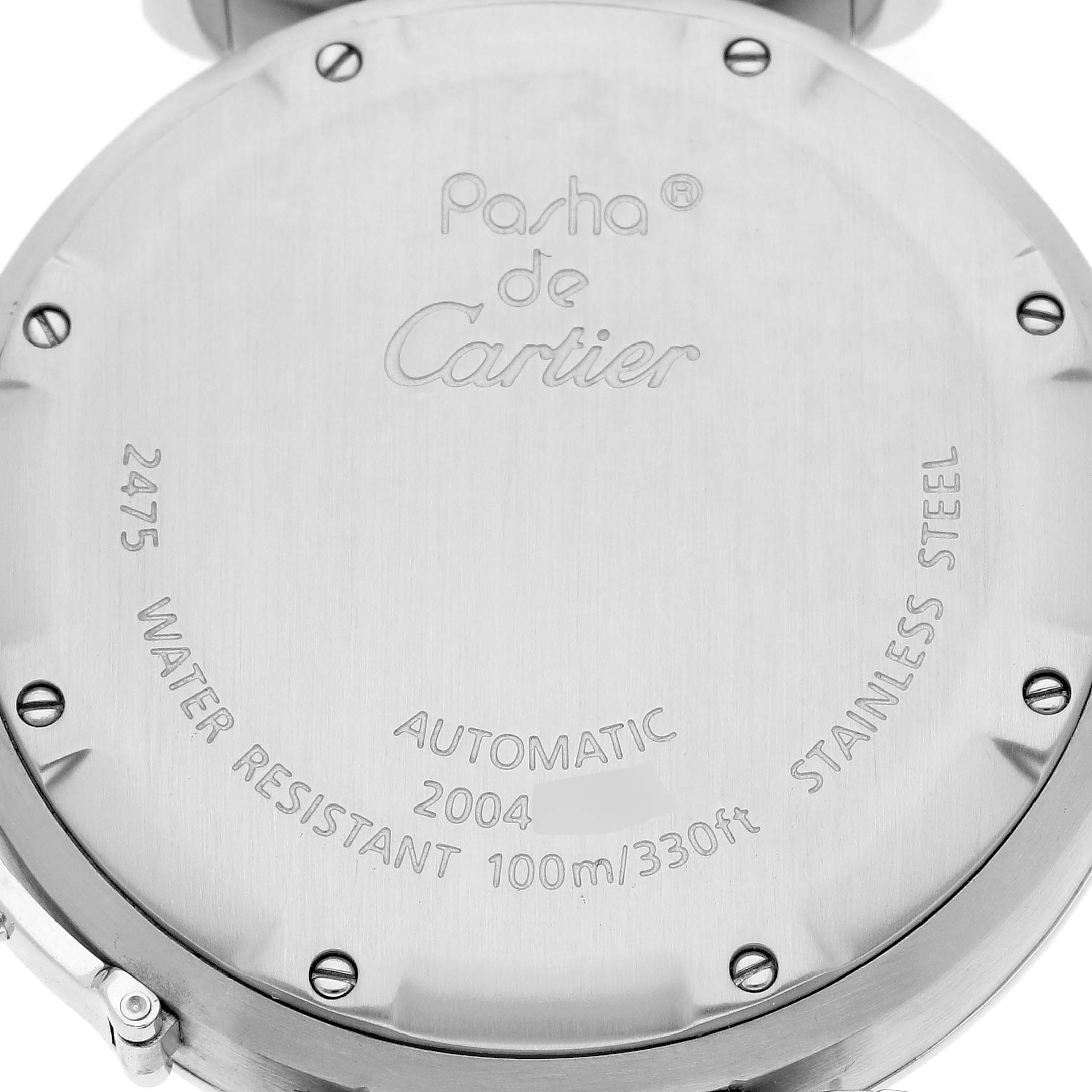 The image shows the back case of a Cartier Pasha W31055M7 Men's Stainless Steel White Dial W31055M7 Men's Stainless Steel White Dial watch, displaying engravings and screws.