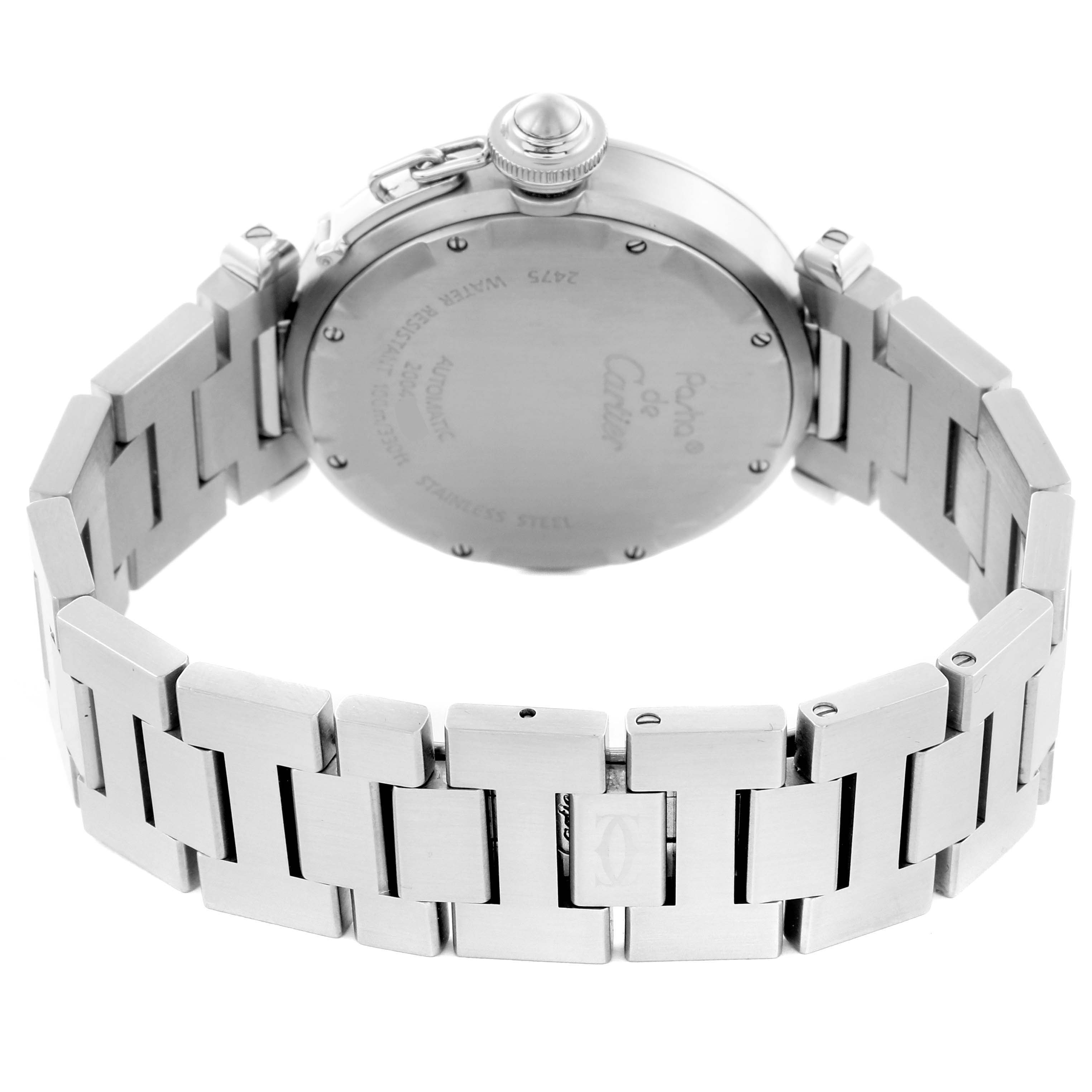 The image shows the back and bracelet of the Cartier Pasha W31055M7 Men's Stainless Steel White Dial W31055M7 Men's Stainless Steel White Dial watch, highlighting the clasp and stainless steel construction.