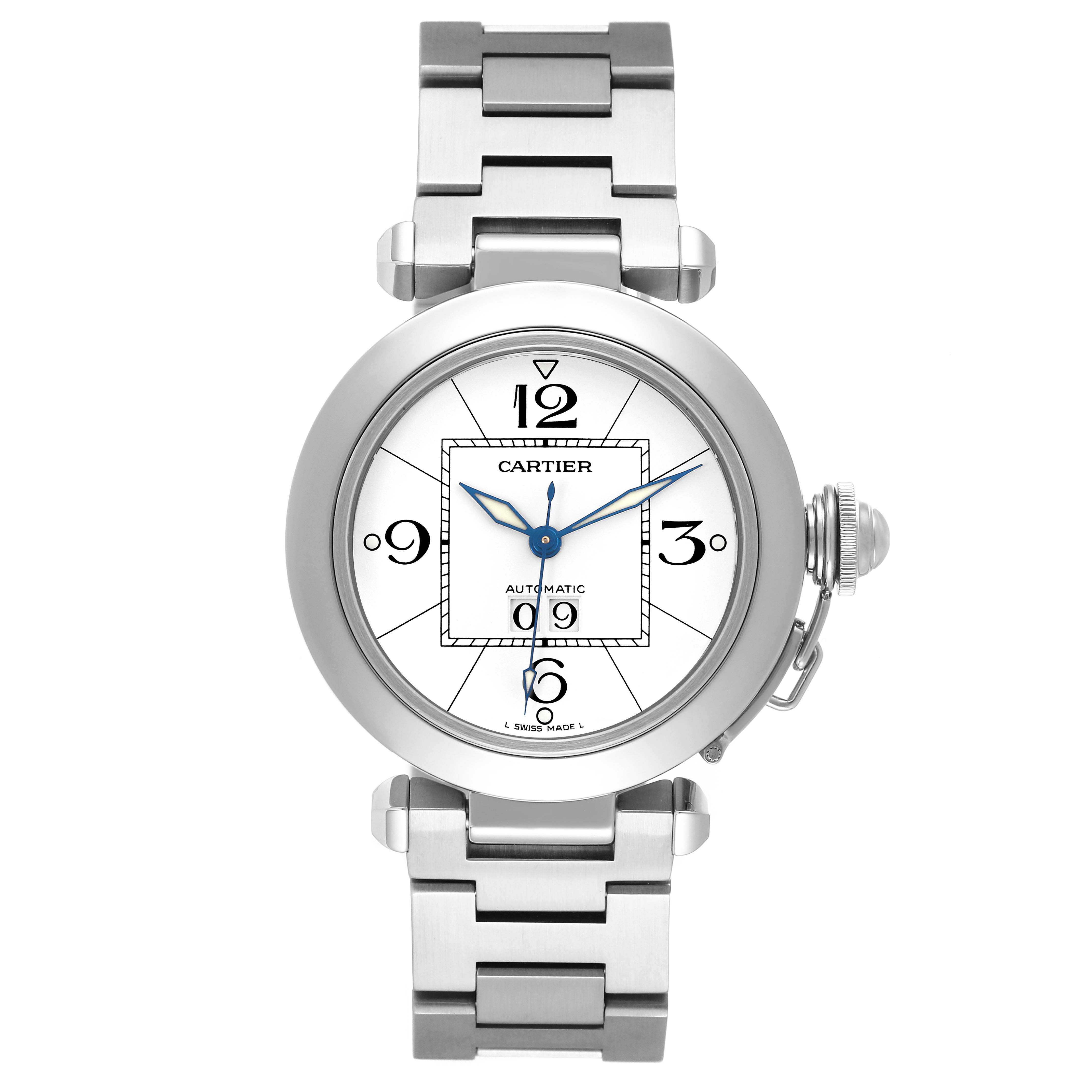 The Pasha de Cartier watch is shown from a top-down angle, displaying its face and bracelet.