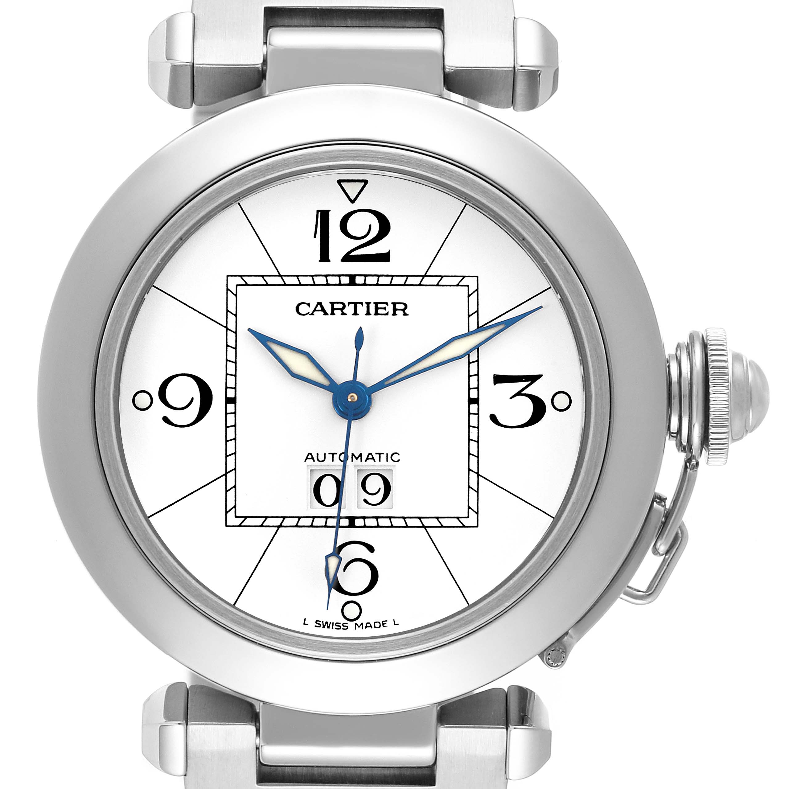 The Cartier Pasha W31055M7 Men's Stainless Steel White Dial W31055M7 Men's Stainless Steel White Dial watch is shown from a front angle, highlighting the dial, crown, and lugs.