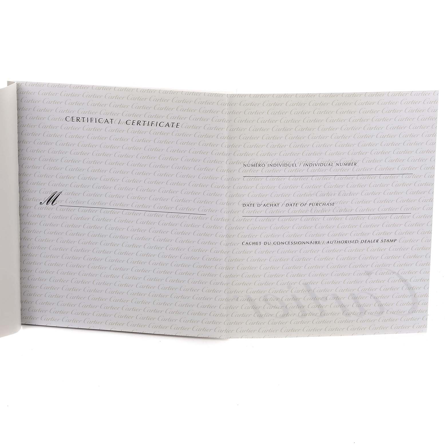 The image shows the certificate for the Cartier Pasha W31055M7 Men's Stainless Steel White Dial W31055M7 Men's Stainless Steel White Dial model, featuring text and branded background.