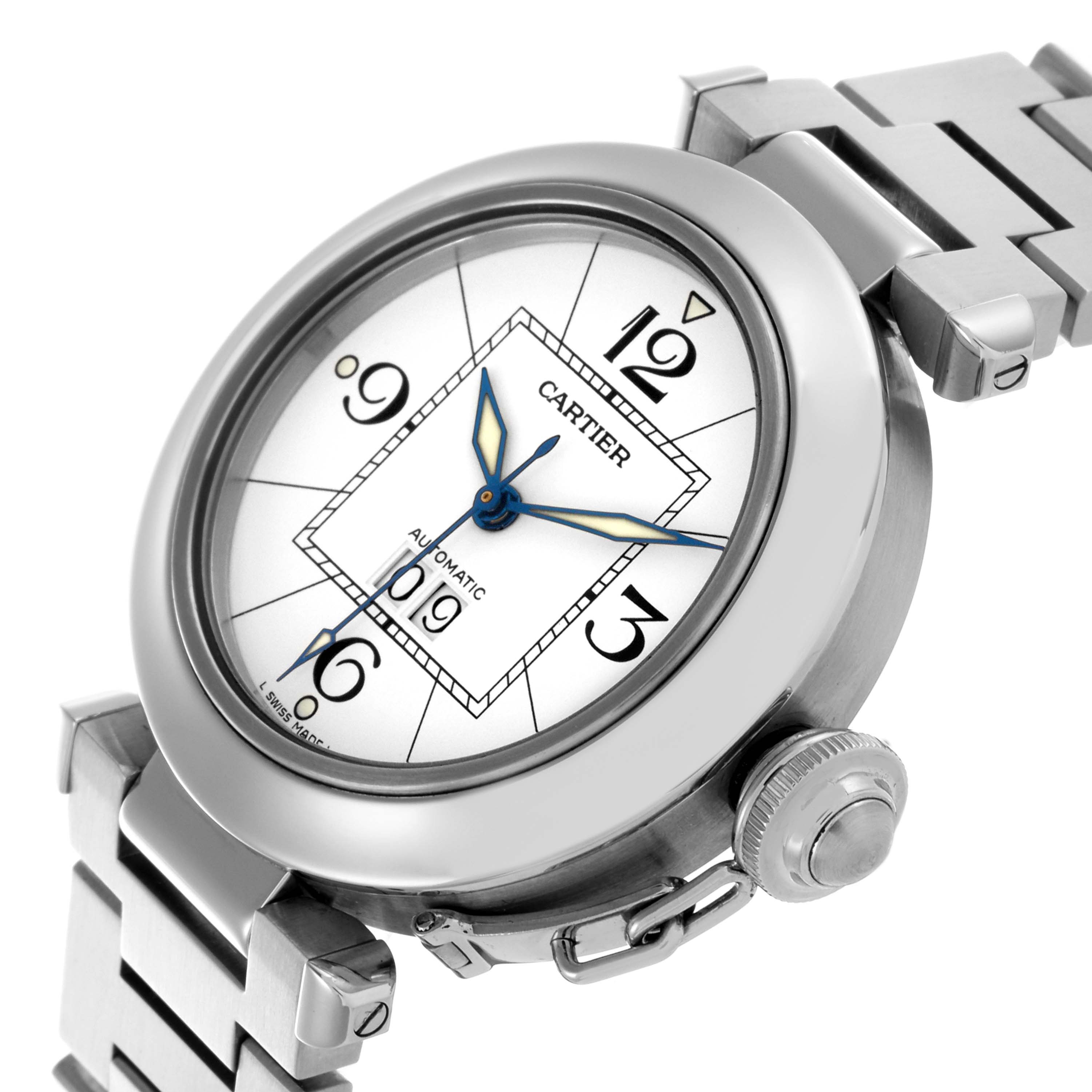 The Cartier Pasha W31055M7 Men's Stainless Steel White Dial W31055M7 Men's Stainless Steel White Dial watch is shown at an angle highlighting the face, crown, and partial bracelet.