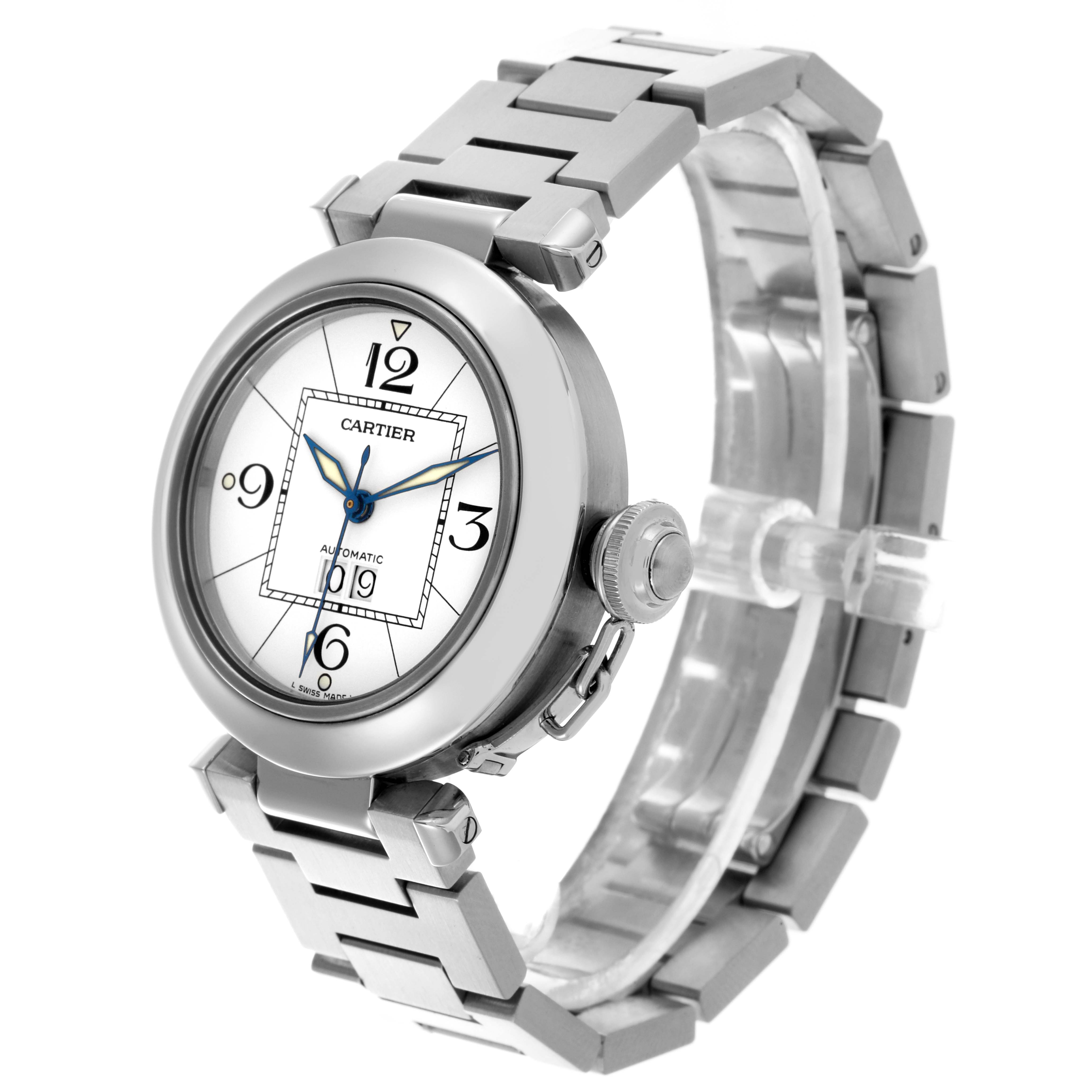 The Cartier Pasha W31055M7 Men's Stainless Steel White Dial W31055M7 Men's Stainless Steel White Dial watch is shown at a three-quarter angle, highlighting the face, bezel, crown, and metal bracelet.