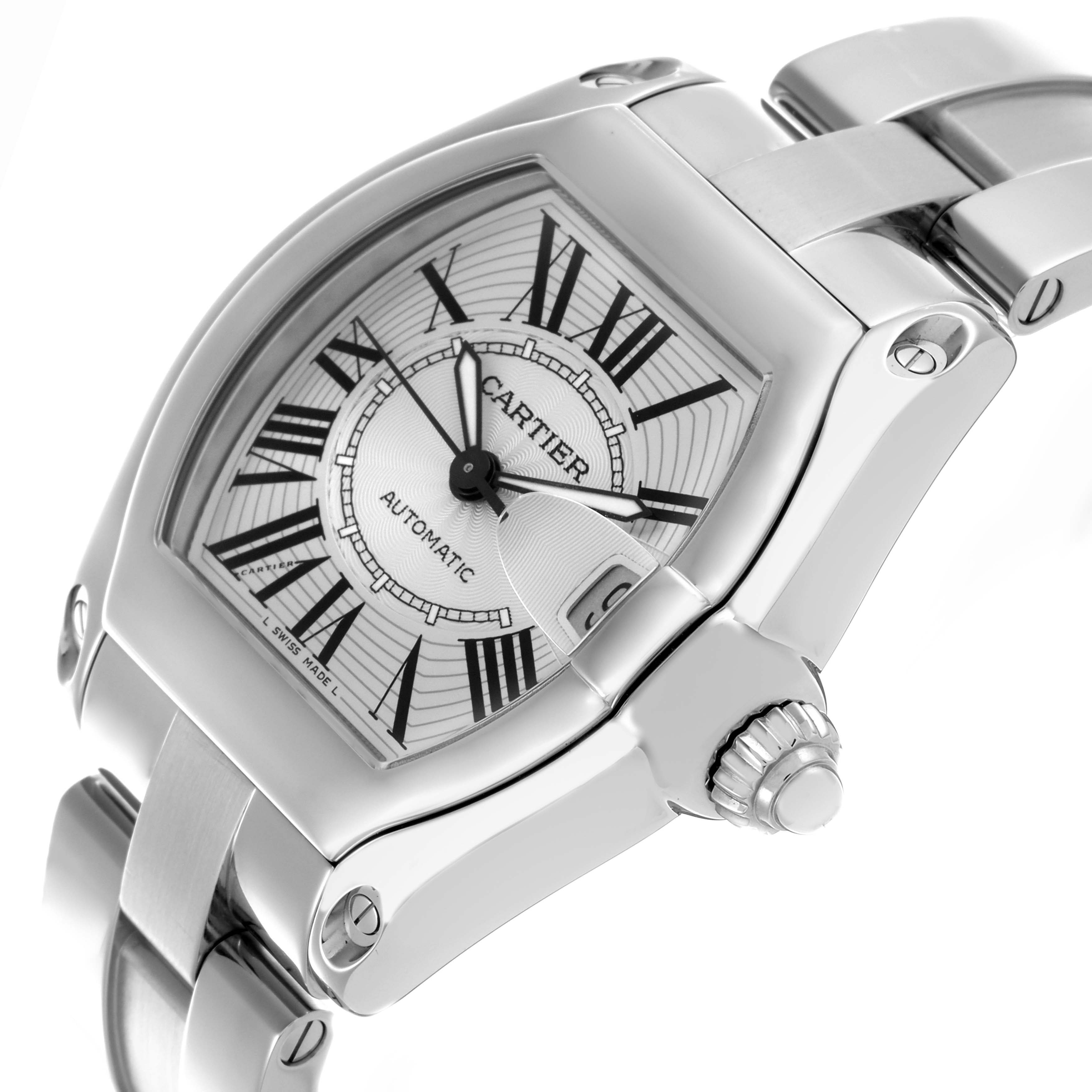 The Cartier Roadster W62025V3 Men's Stainless Steel Silver Dial W62025V3 Men's Stainless Steel Silver Dial watch is shown at a slight angle, displaying the dial, crown, and steel bracelet.