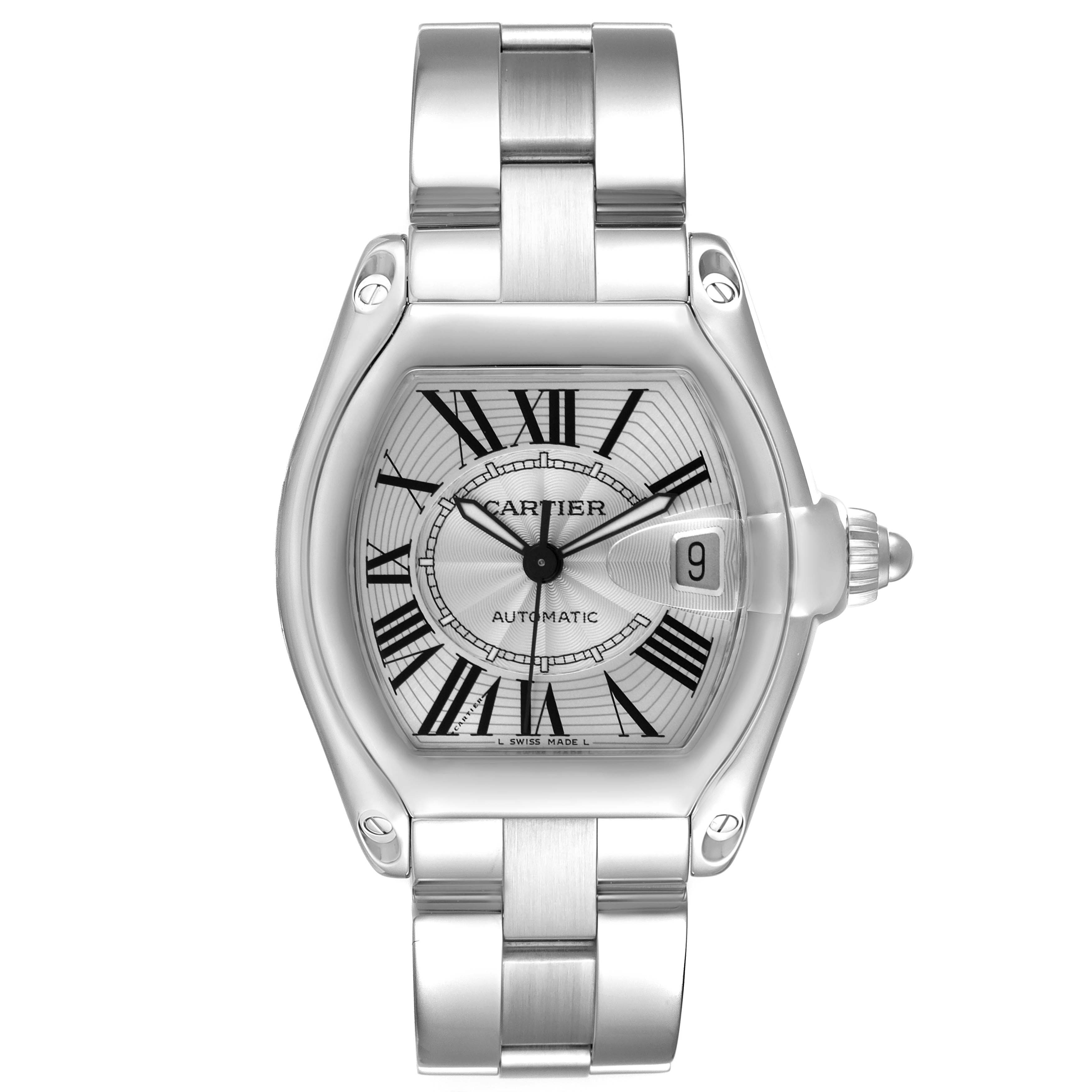 The Cartier Roadster W62025V3 Men's Stainless Steel Silver Dial W62025V3 Men's Stainless Steel Silver Dial watch is shown from a top view, displaying its face, bezel, and part of the bracelet.