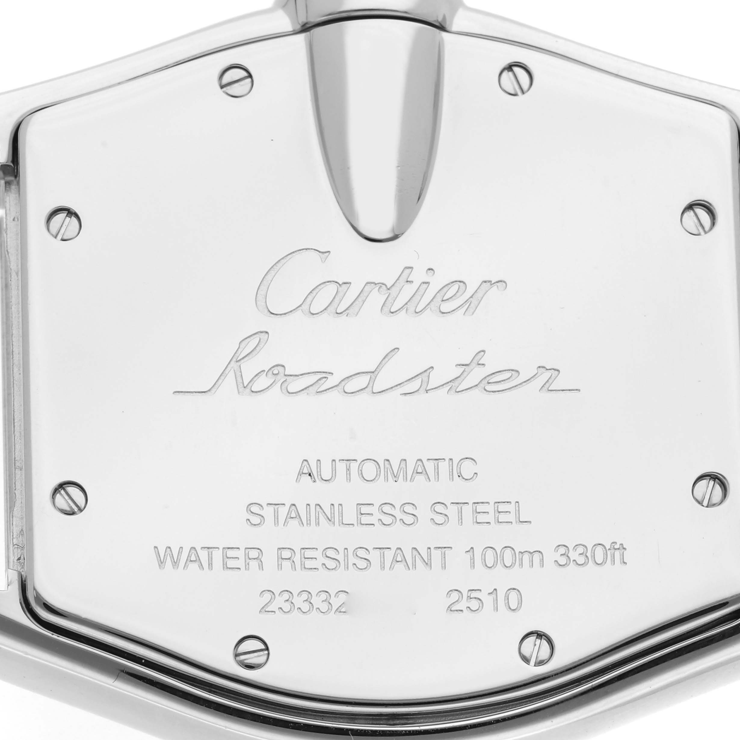 The image shows the back case of the Cartier Roadster W62025V3 Men's Stainless Steel Silver Dial W62025V3 Men's Stainless Steel Silver Dial watch, highlighting its engravings and screw details.