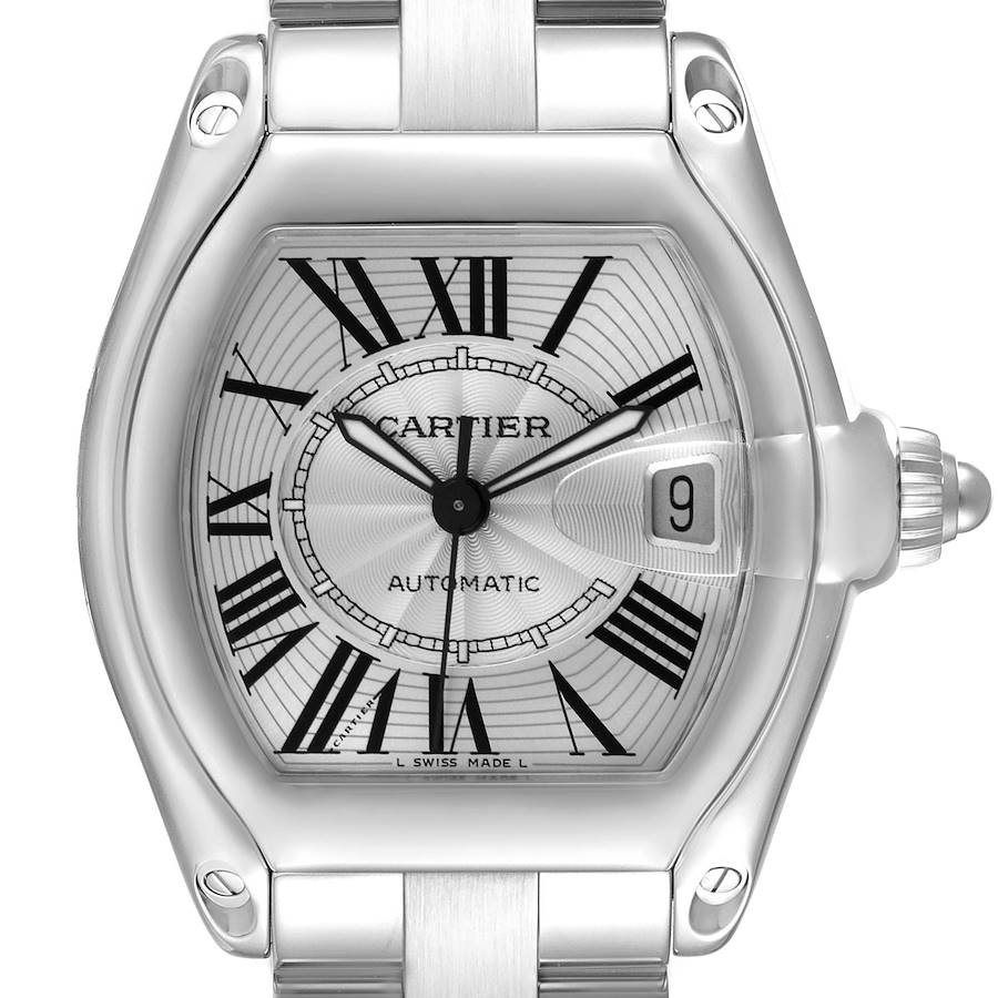 The Cartier Roadster watch is shown from the front, highlighting the dial, date window, and part of the bracelet.