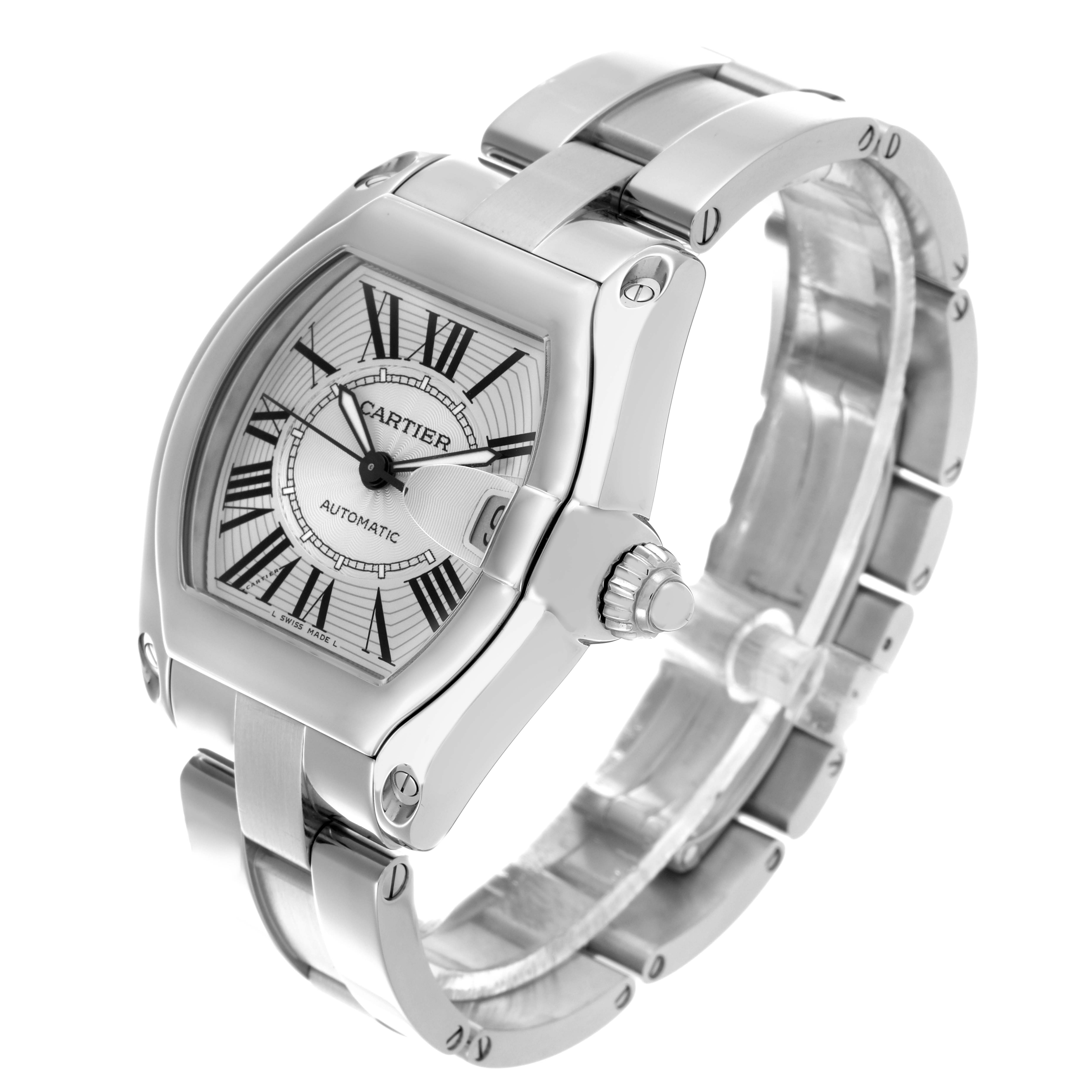The Cartier Roadster W62025V3 Men's Stainless Steel Silver Dial W62025V3 Men's Stainless Steel Silver Dial watch is shown in a three-quarter angle, highlighting its face, crown, and metal bracelet.