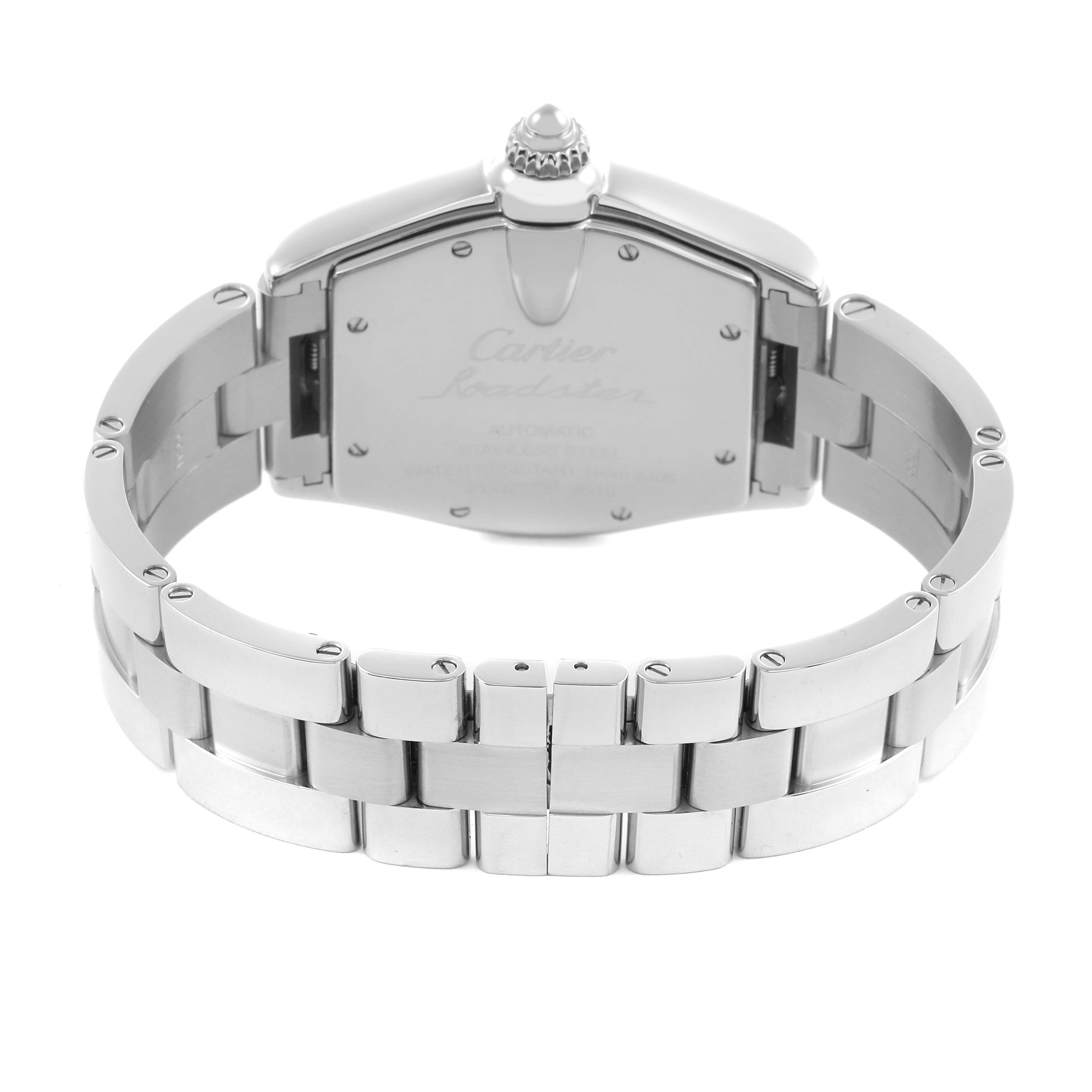 The image shows the back view and bracelet of the Cartier Roadster W62025V3 Men's Stainless Steel Silver Dial W62025V3 Men's Stainless Steel Silver Dial watch, highlighting its clasp and case back details.