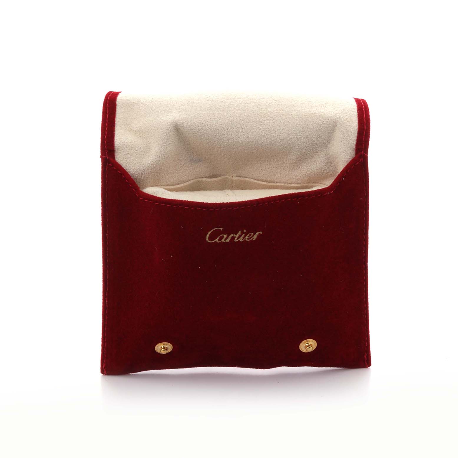 The image shows a red velvet pouch for the Cartier Roadster W62025V3 Men's Stainless Steel Silver Dial W62025V3 Men's Stainless Steel Silver Dial model, with the Cartier logo visible.