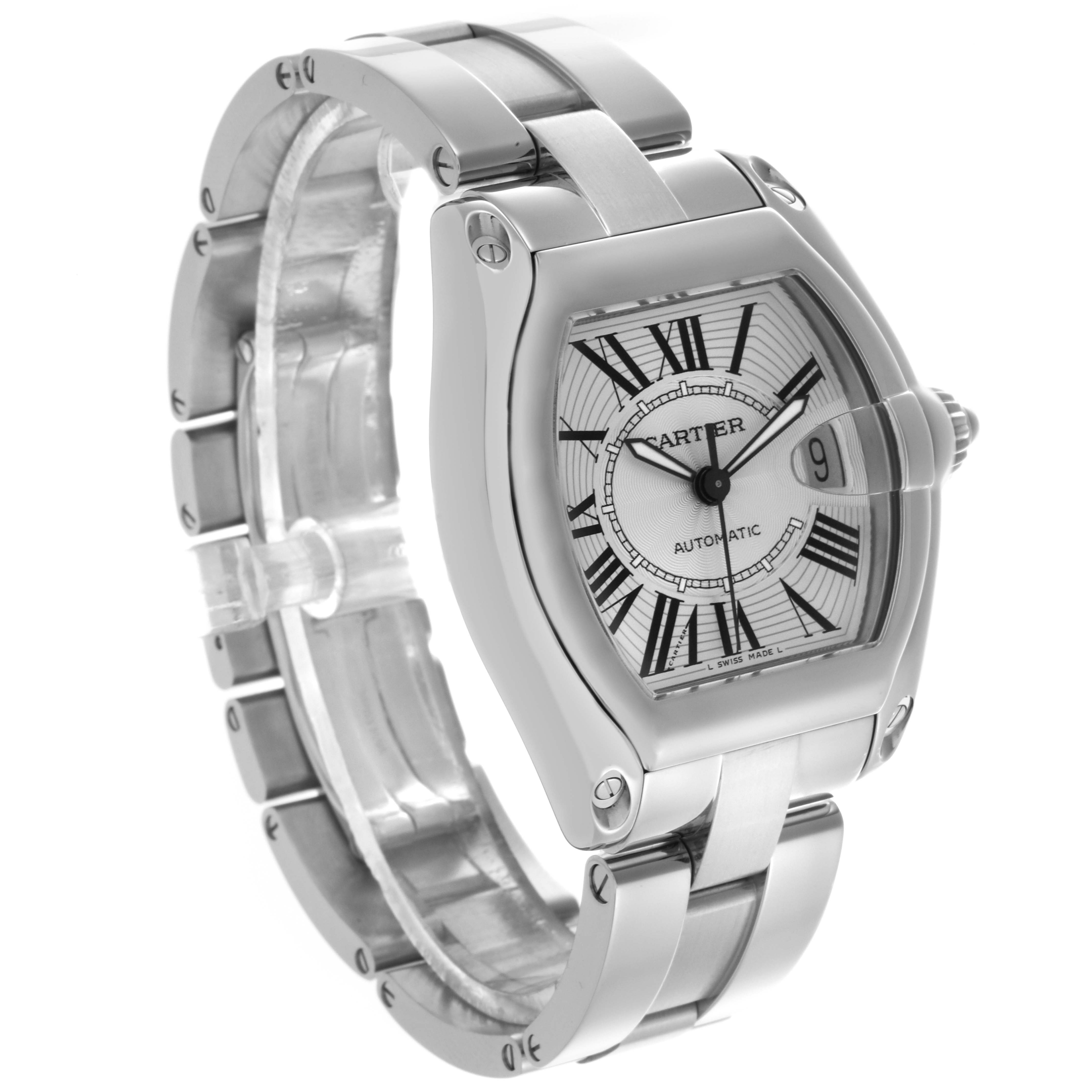 The Cartier Roadster W62025V3 Men's Stainless Steel Silver Dial W62025V3 Men's Stainless Steel Silver Dial watch is shown from a side angle highlighting the face, bezel, and part of the bracelet.