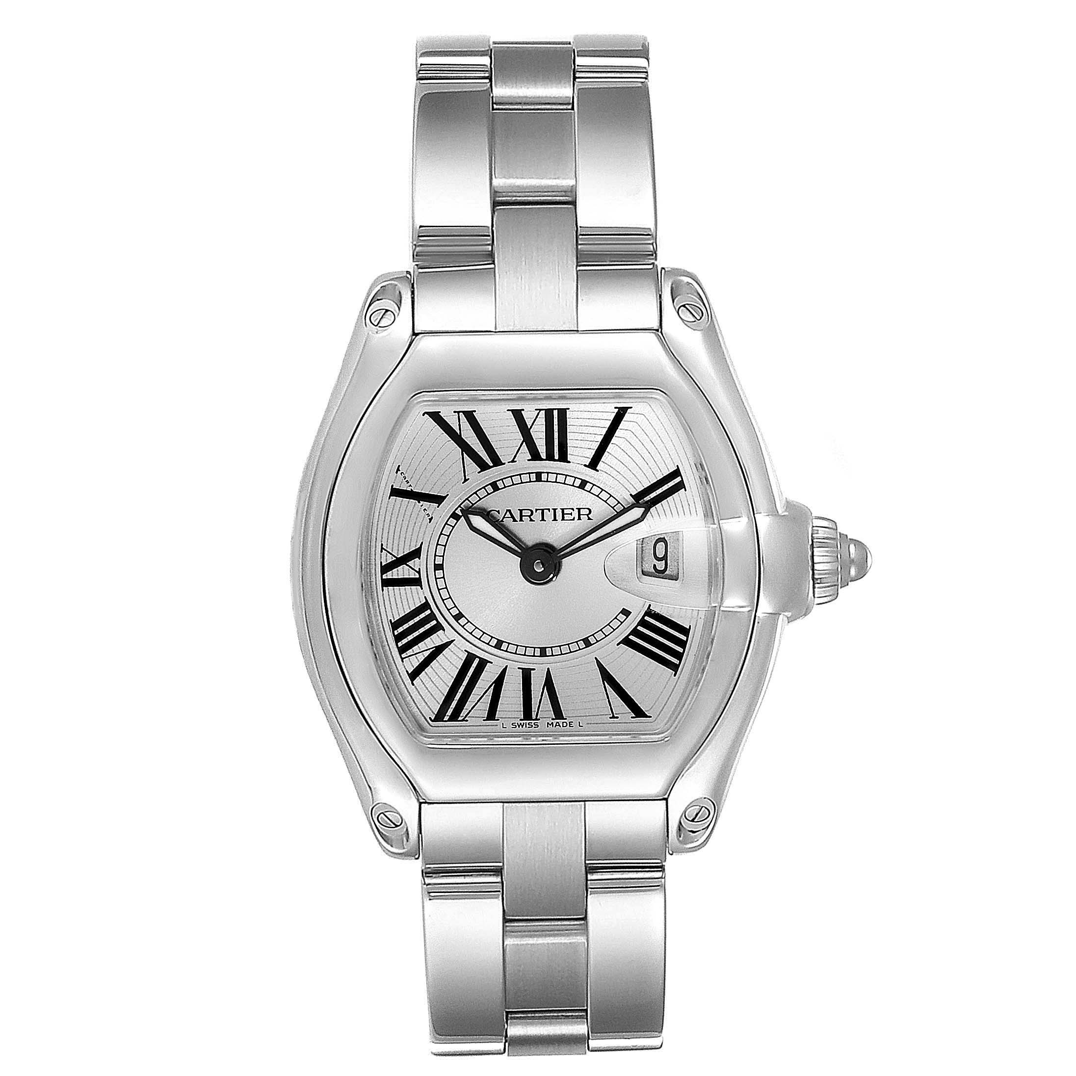 This image shows a front view of the Cartier Roadster W62016V3 Women's Stainless Steel Silver Dial W62016V3 Women's Stainless Steel Silver Dial watch, highlighting its dial, bracelet, and crown.