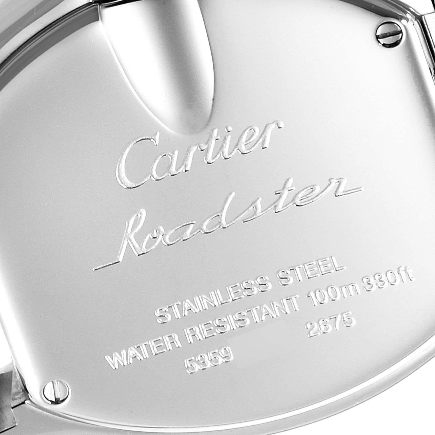 The image shows the back case of a Cartier Roadster W62016V3 Women's Stainless Steel Silver Dial W62016V3 Women's Stainless Steel Silver Dial watch engraved with the brand name and model details.