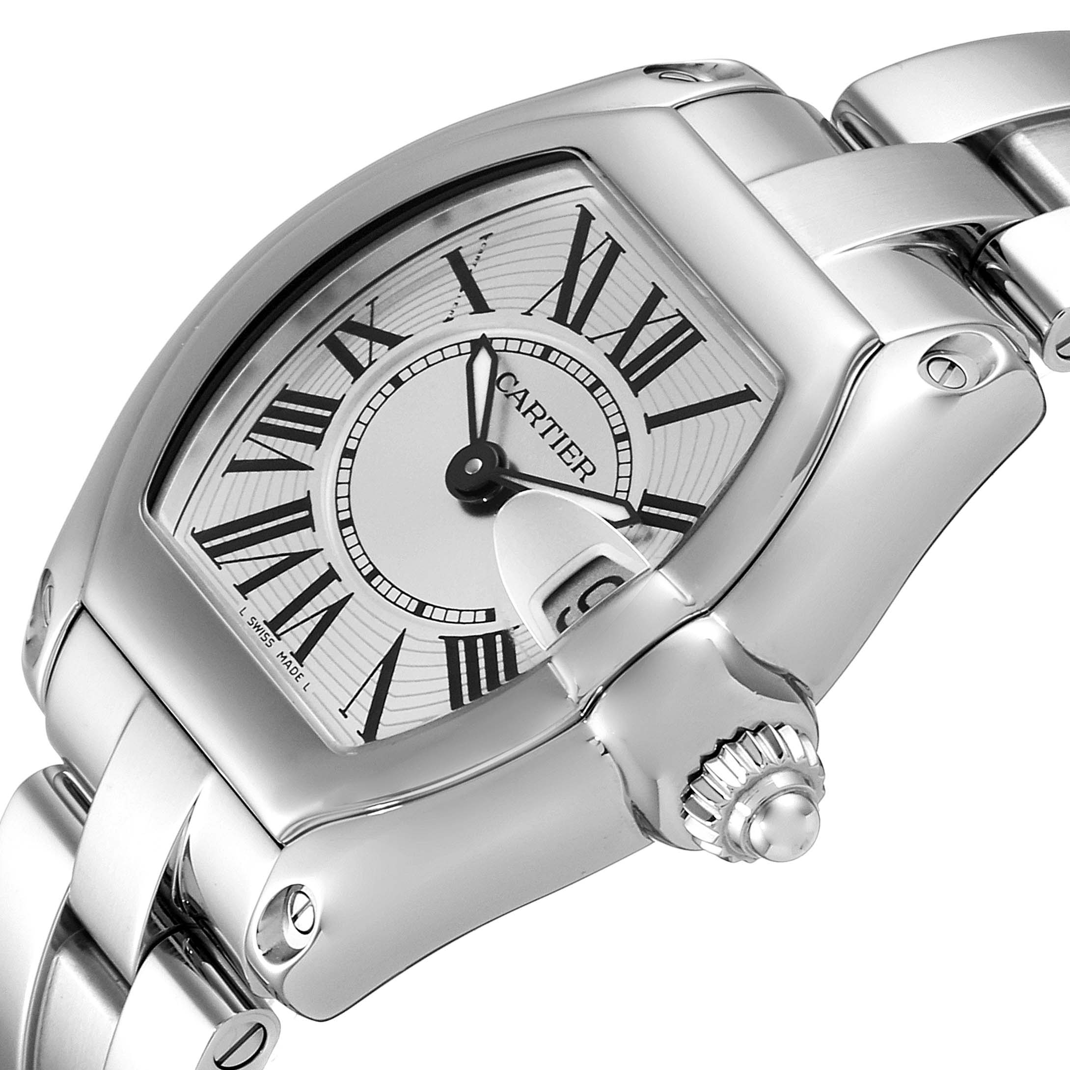 The image shows a close-up view of the dial, bezel, crown, and part of the bracelet of the Cartier Roadster W62016V3 Women's Stainless Steel Silver Dial W62016V3 Women's Stainless Steel Silver Dial watch.