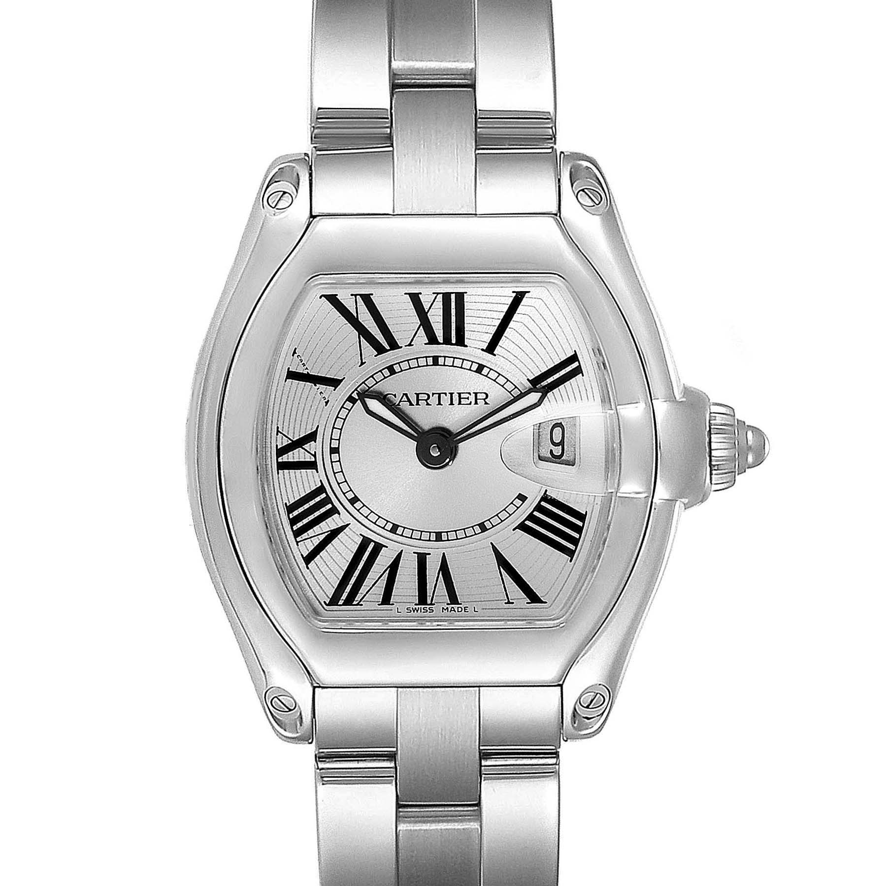 This Cartier Roadster W62016V3 Women's Stainless Steel Silver Dial W62016V3 Women's Stainless Steel Silver Dial watch is shown from the front, displaying the face, bracelet, and date window.