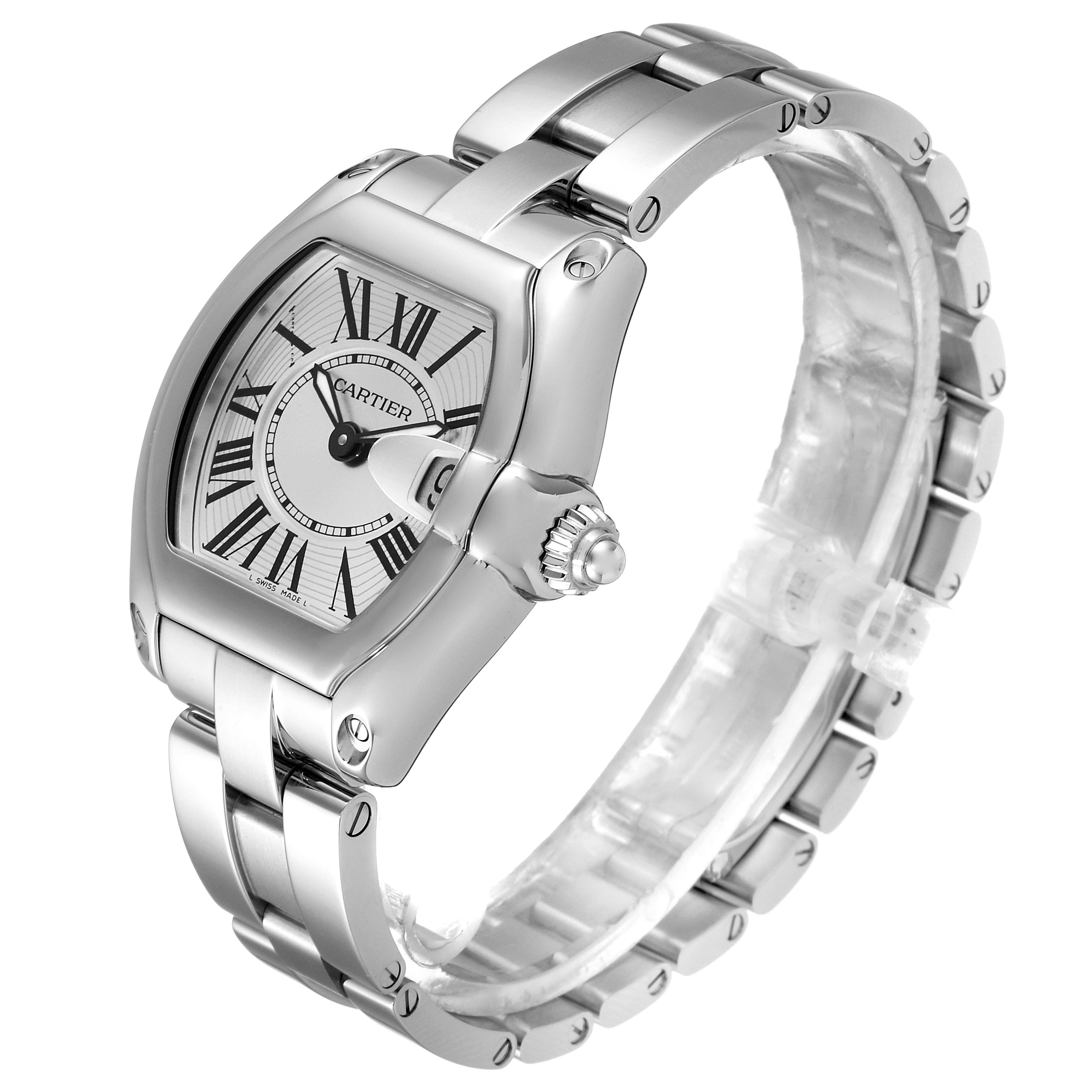 The image shows a Cartier Roadster W62016V3 Women's Stainless Steel Silver Dial W62016V3 Women's Stainless Steel Silver Dial watch at an oblique angle, highlighting its face, bracelet, and crown.