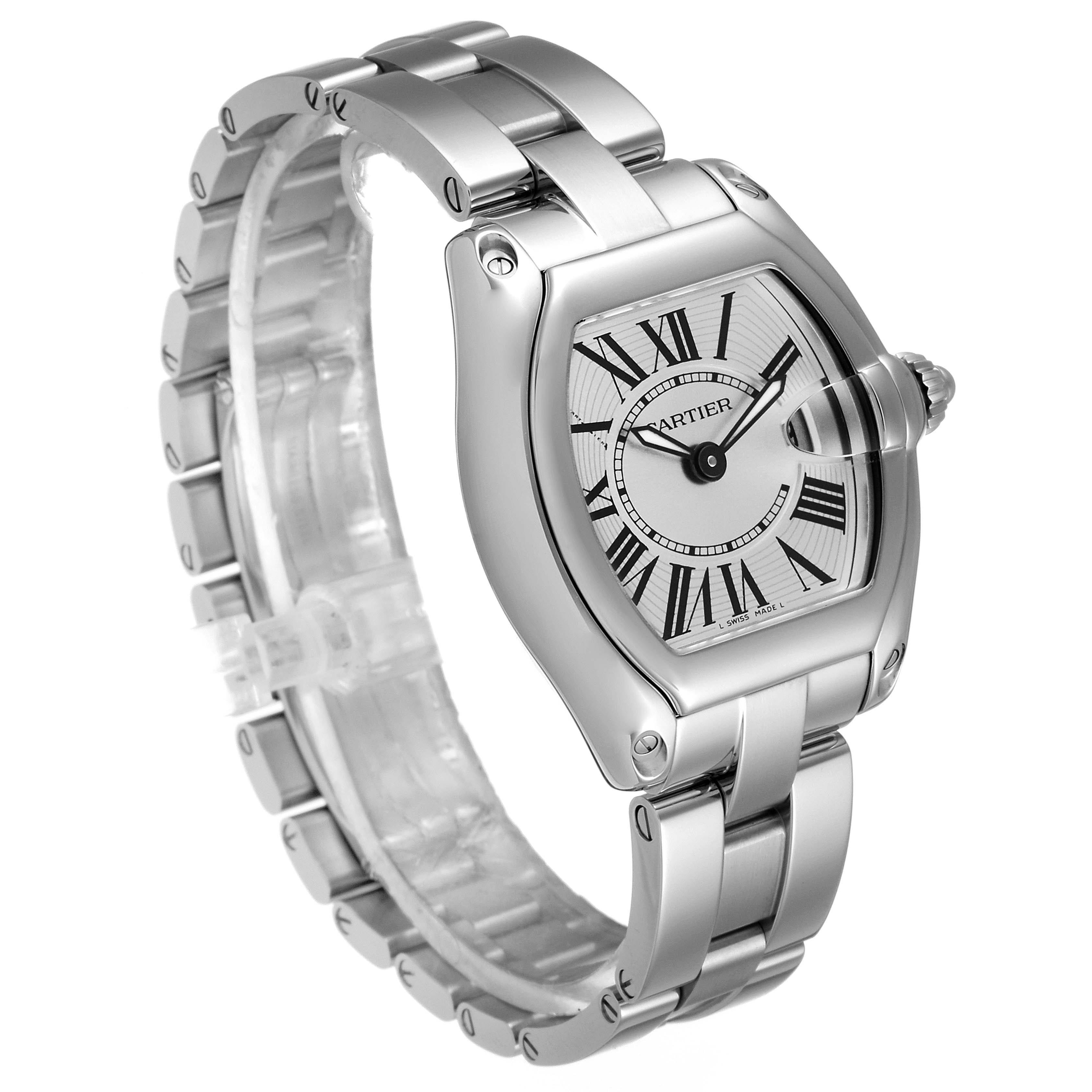The image shows a Cartier Roadster W62016V3 Women's Stainless Steel Silver Dial W62016V3 Women's Stainless Steel Silver Dial watch at a slight angle, highlighting the face, bezel, crown, and metal bracelet.