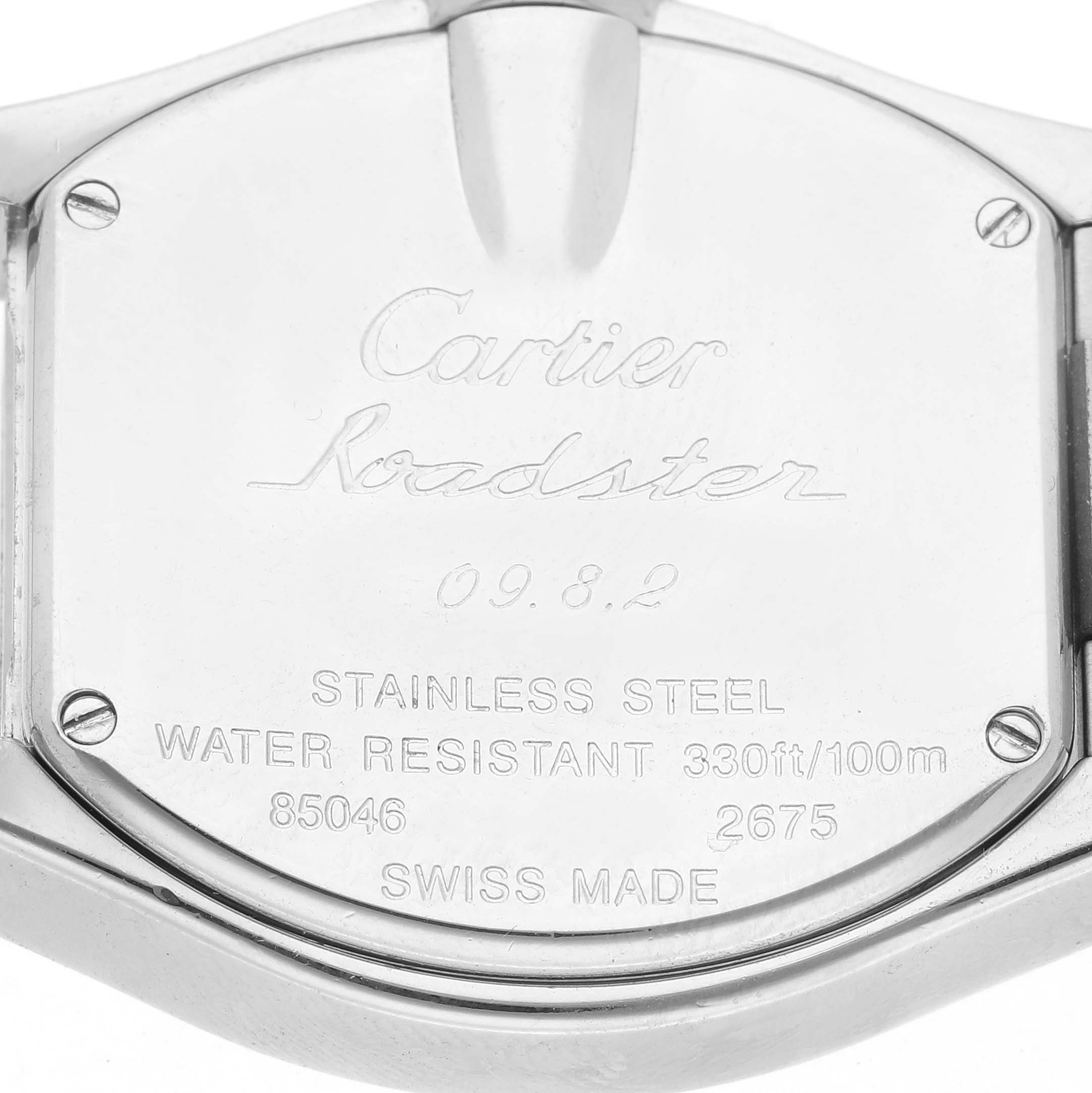 The image shows the back of the Cartier Roadster W62016V3 Women's Stainless Steel Silver Dial W62016V3 Women's Stainless Steel Silver Dial watch, displaying its engravings and specifications.