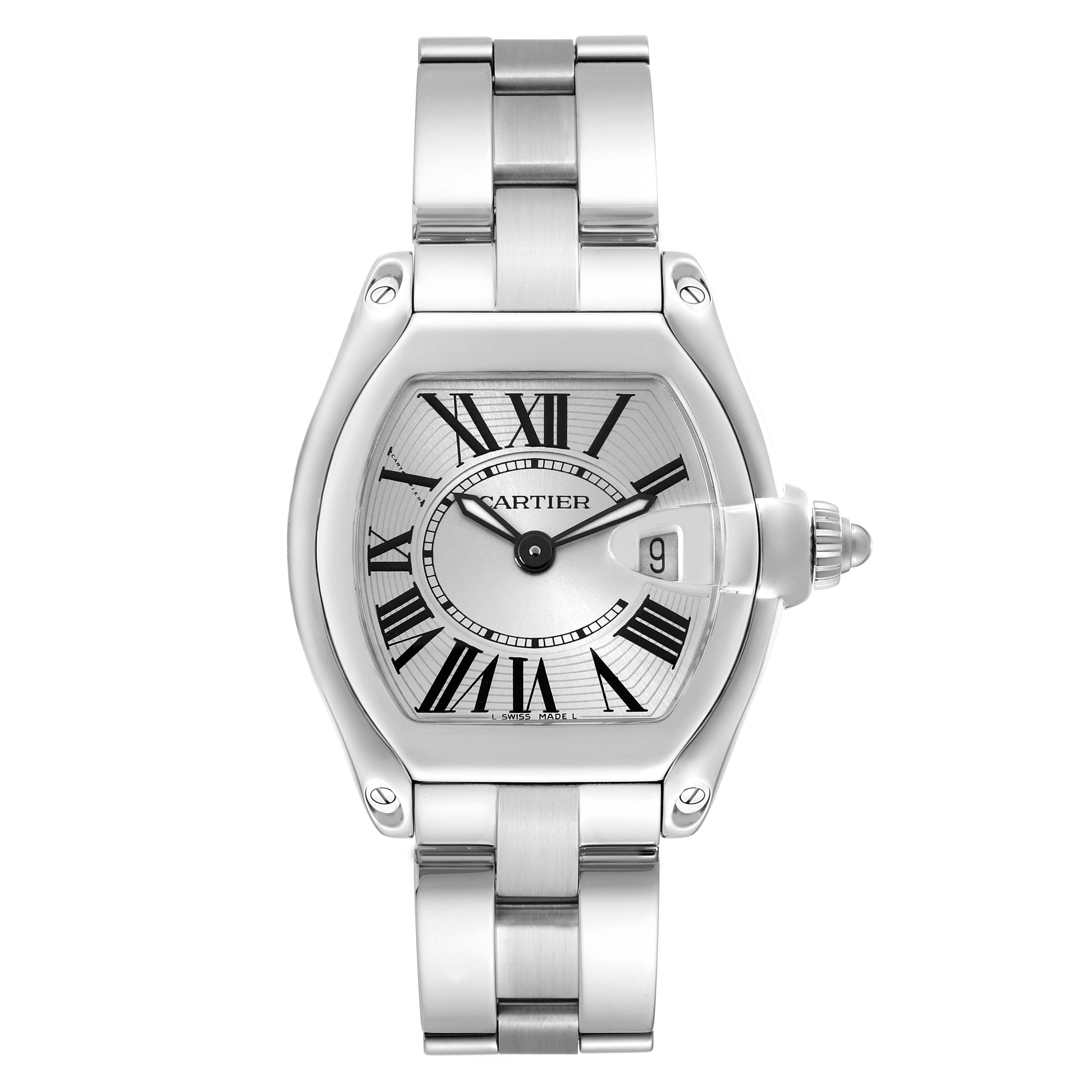 The Cartier Roadster W62016V3 Women's Stainless Steel Silver Dial W62016V3 Women's Stainless Steel Silver Dial watch is shown from a front angle, displaying its face, Roman numerals, and bracelet.