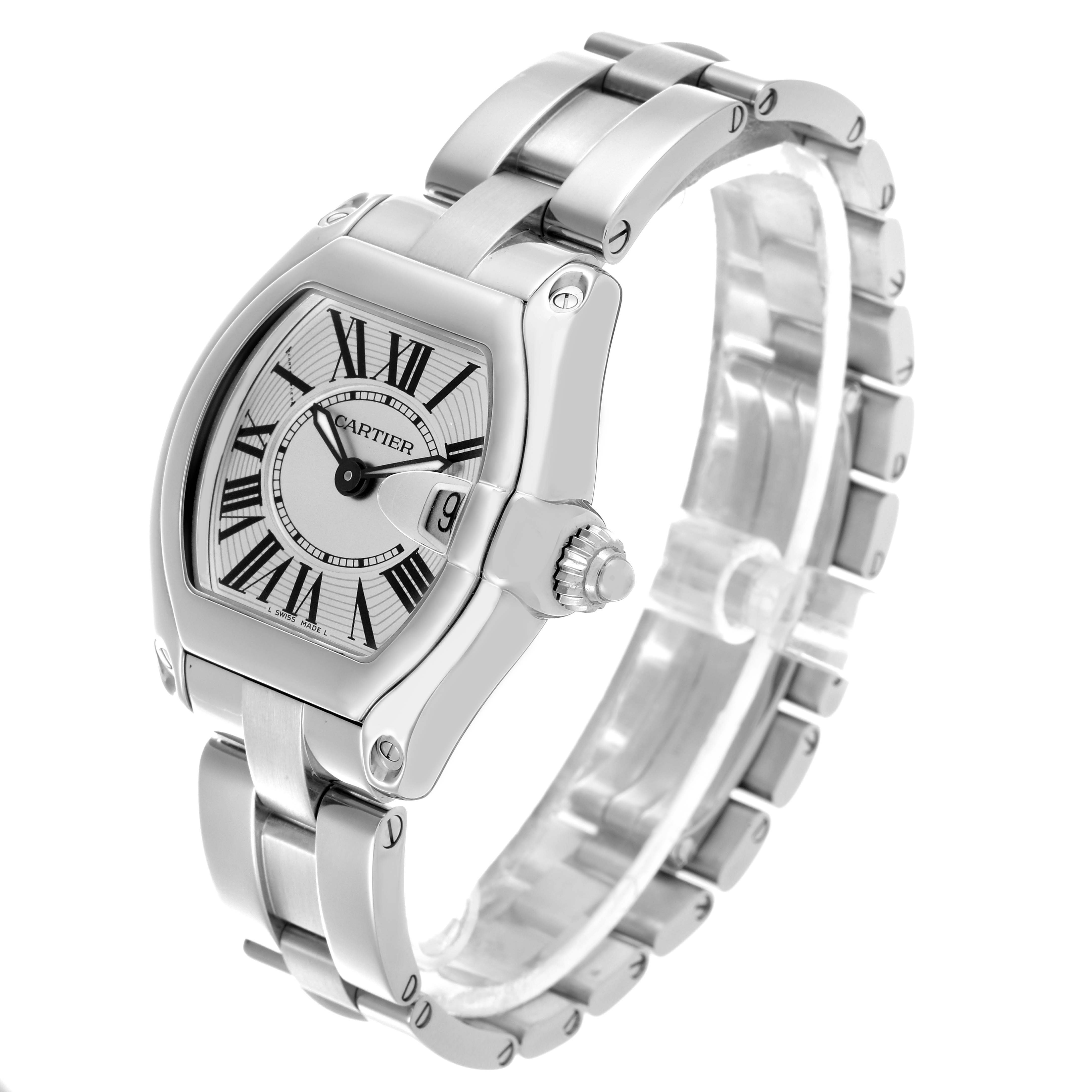 The Cartier Roadster W62016V3 Women's Stainless Steel Silver Dial W62016V3 Women's Stainless Steel Silver Dial watch is shown at a three-quarter angle, highlighting the face, crown, and bracelet.