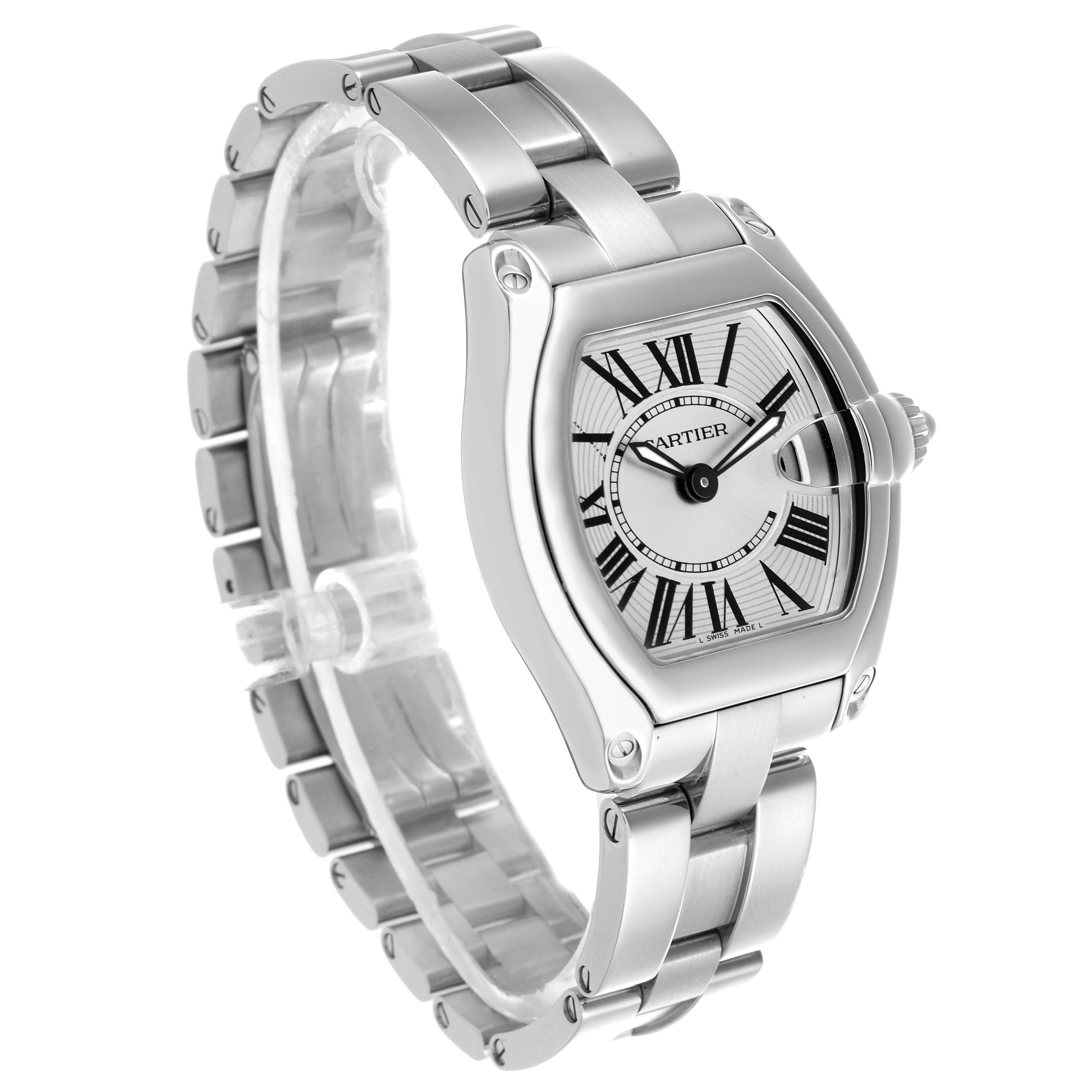 The Cartier Roadster W62016V3 Women's Stainless Steel Silver Dial W62016V3 Women's Stainless Steel Silver Dial watch is shown at a three-quarter angle displaying the face, bezel, and bracelet.