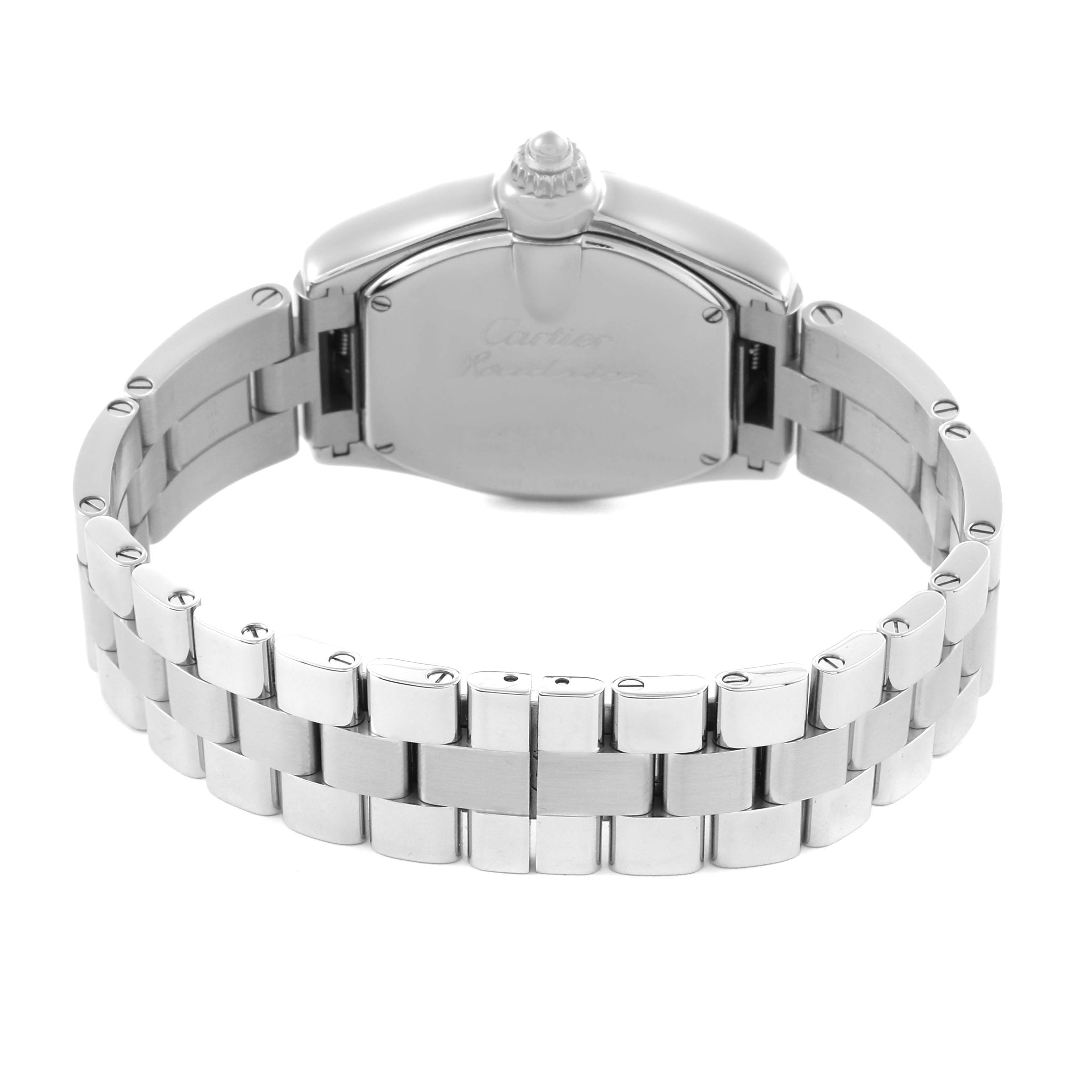 The Cartier Roadster W62016V3 Women's Stainless Steel Silver Dial W62016V3 Women's Stainless Steel Silver Dial watch is shown from the back, highlighting its stainless steel bracelet and case back.