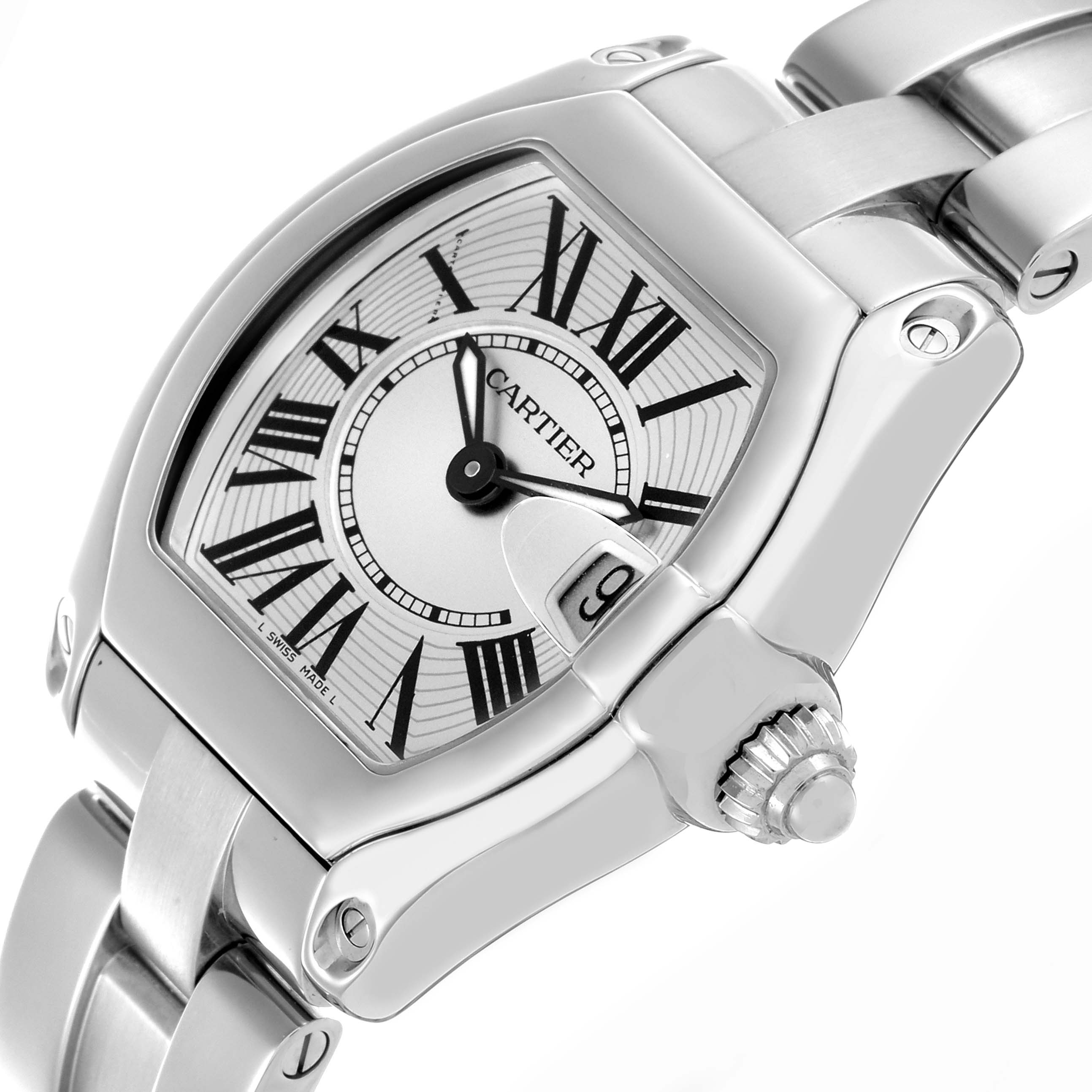 The Cartier Roadster W62016V3 Women's Stainless Steel Silver Dial W62016V3 Women's Stainless Steel Silver Dial watch is shown at a slight angle, highlighting the case, dial, crown, and part of the bracelet.