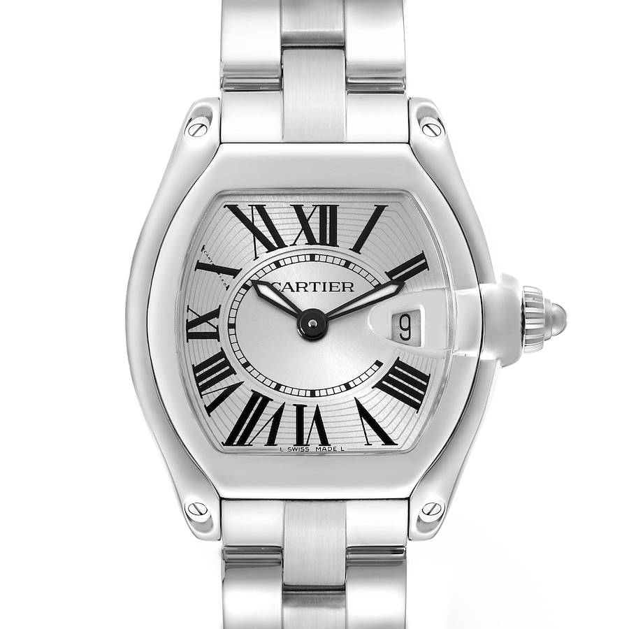 The Cartier Roadster watch is shown from the front, displaying its dial, crown, and part of the bracelet.