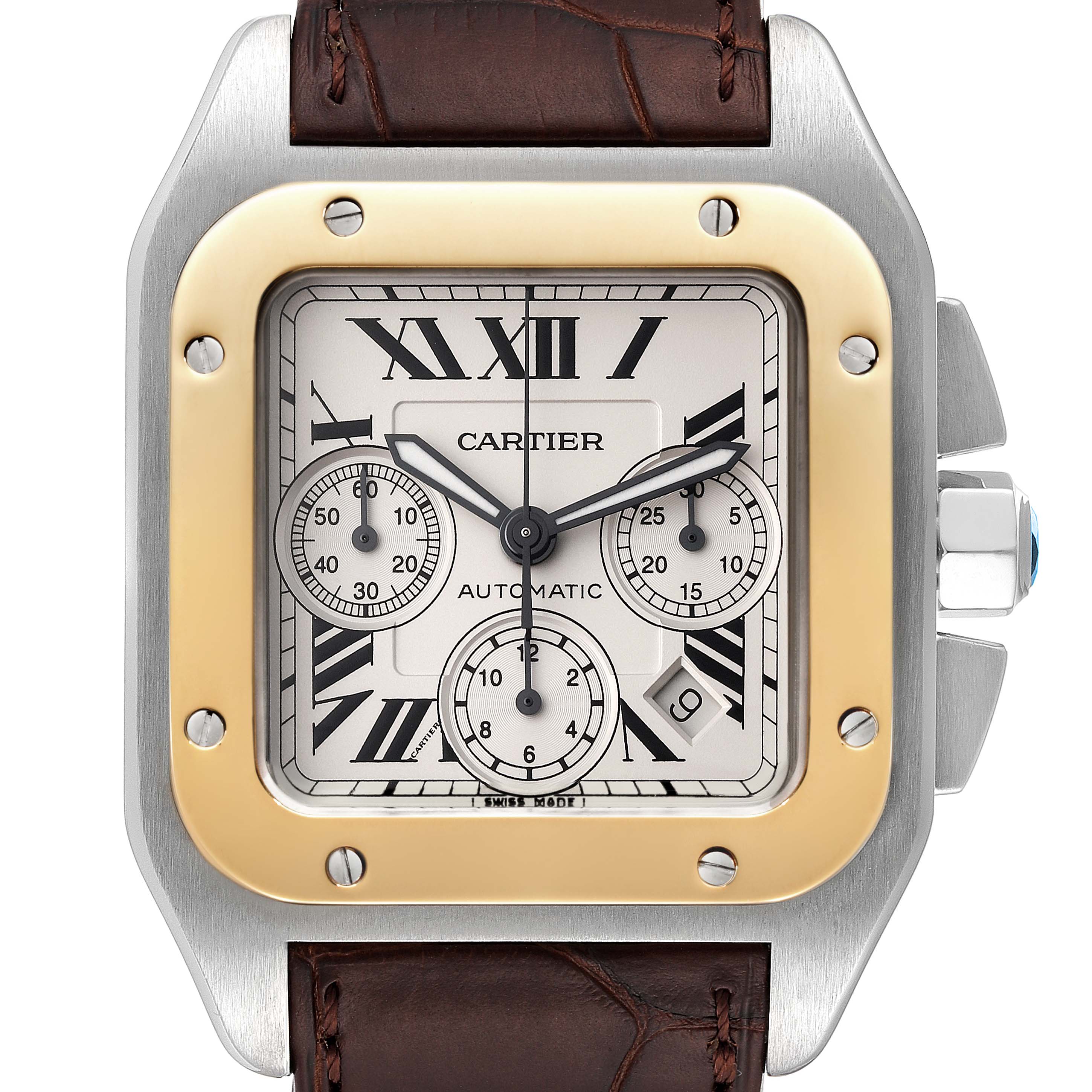 This is a close-up view of the Cartier Santos W20091X7 Men's Steel and Gold (two tone) Silver Dial W20091X7 Men's Steel and Gold (two tone) Silver Dial model watch face, highlighting its dial, case, and leather strap.