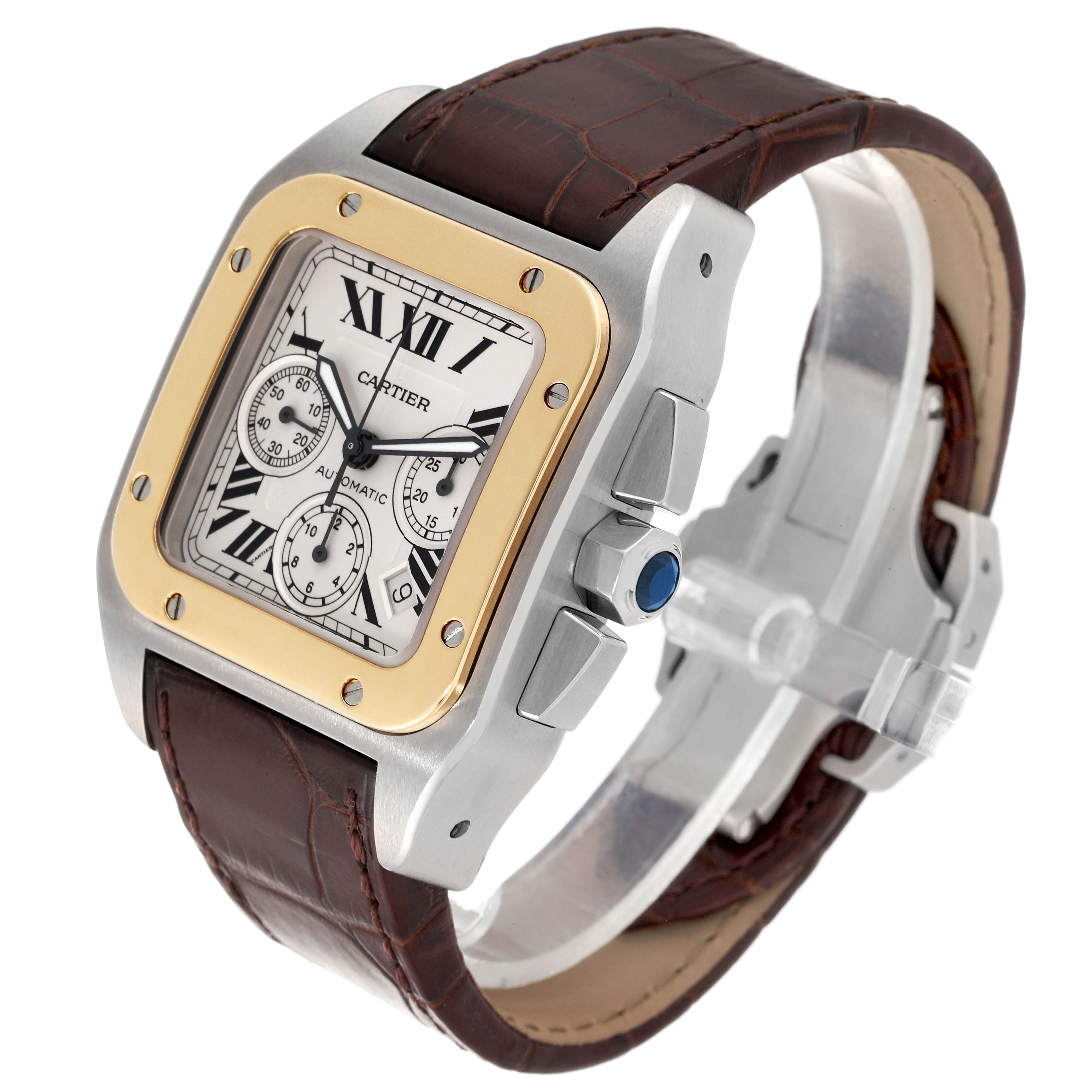 The image shows a Cartier Santos W20091X7 Men's Steel and Gold (two tone) Silver Dial W20091X7 Men's Steel and Gold (two tone) Silver Dial watch at an angled view, highlighting its face, bezel, crown, and leather strap.