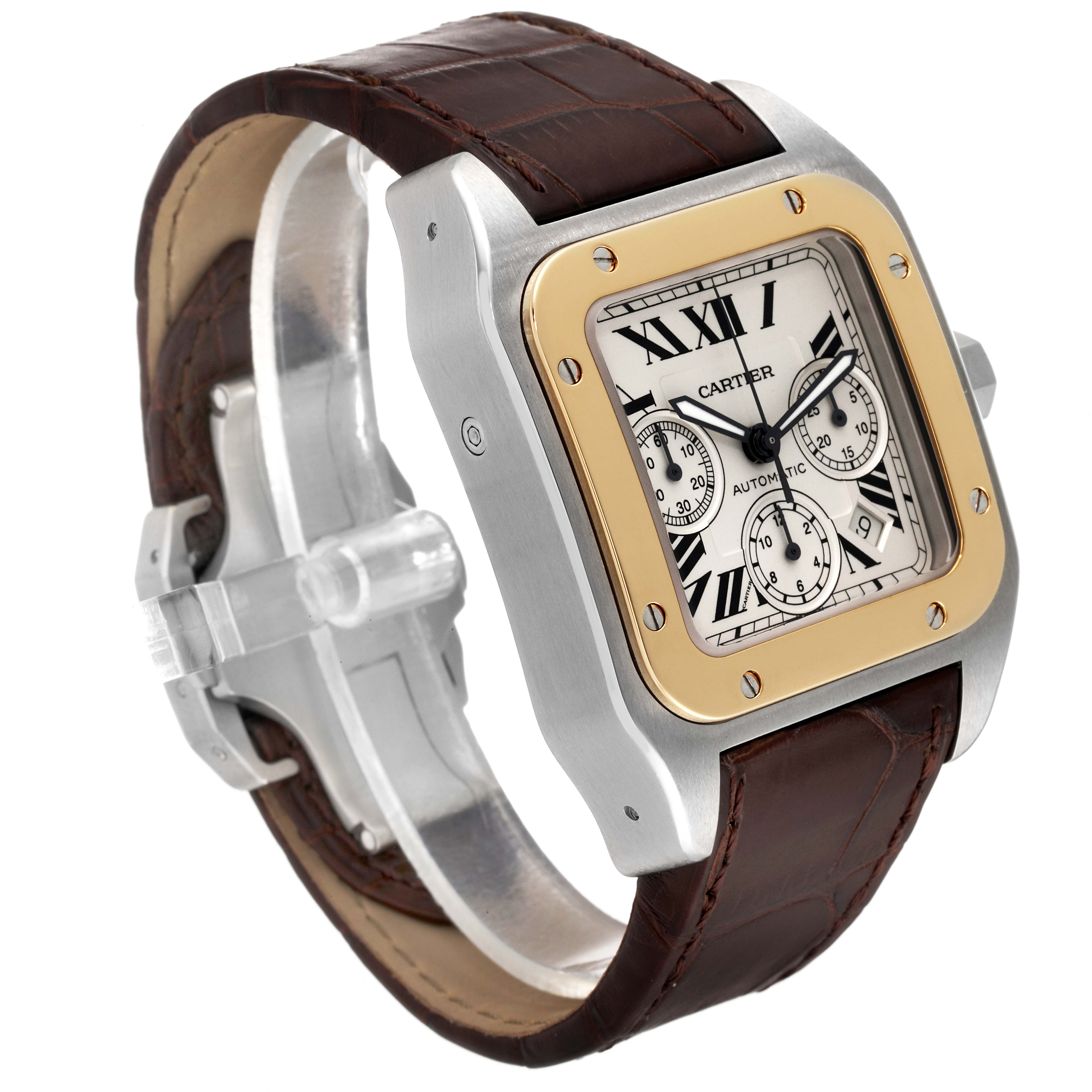 The image shows a Cartier Santos W20091X7 Men's Steel and Gold (two tone) Silver Dial W20091X7 Men's Steel and Gold (two tone) Silver Dial model watch at a three-quarter angle, highlighting its face, bezel, and leather strap.