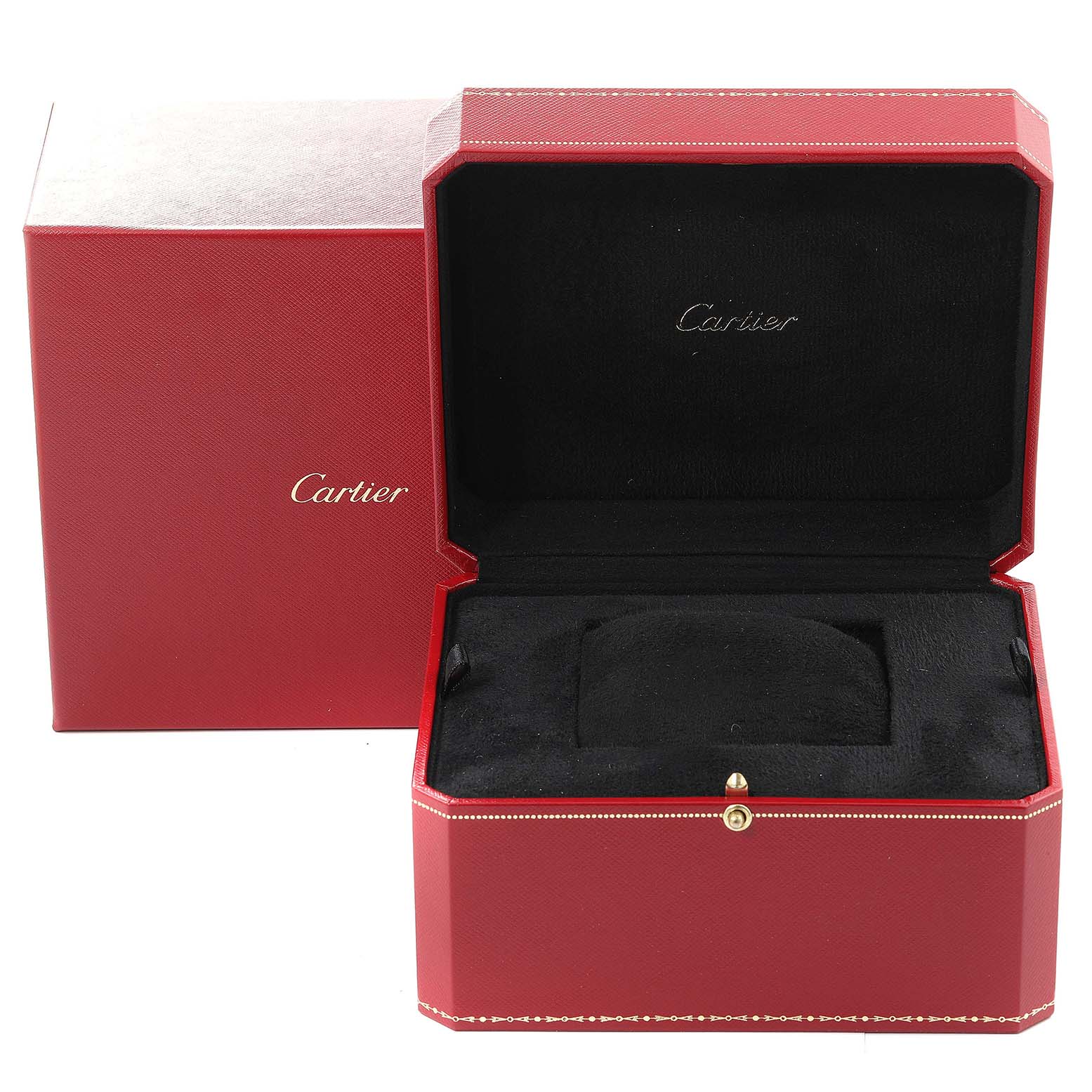 The image shows an open red and black Cartier box for the Santos model watch.